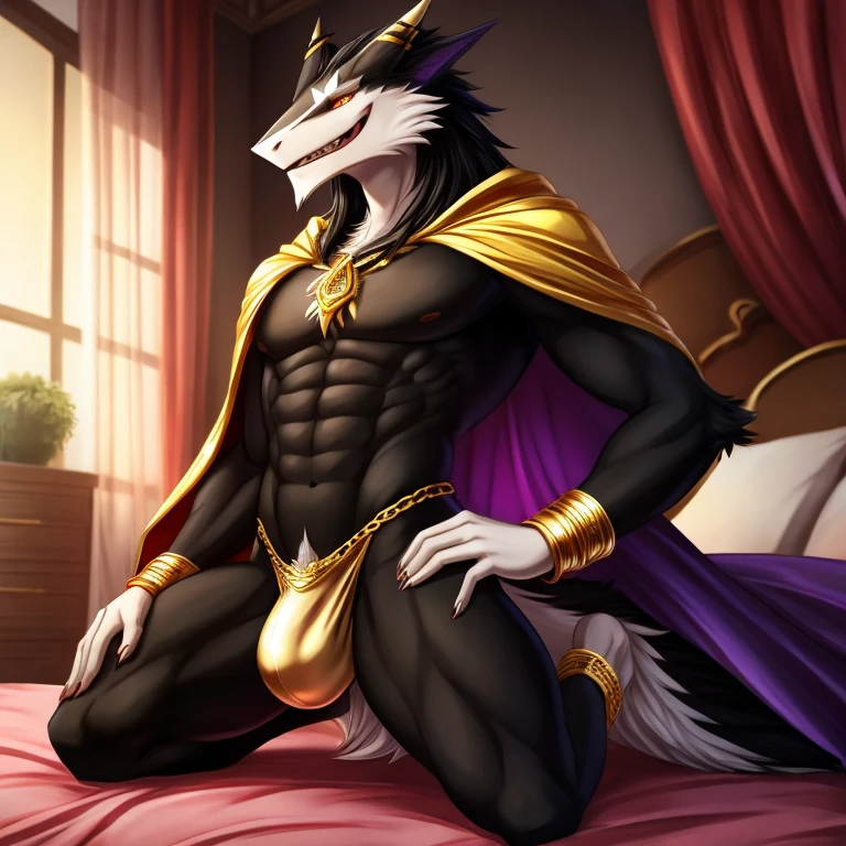 A giant, furry and slim anthropomorphic sergal with black fur that has gold markings, purple glowing eyes and short messy black hair wearing a gold cape, a gold thong with a giant bulge, gold shoulder bracelets, gold earrings, gold rings, gold anklets and gold toe rings kneeling on his bed with his hands on his hips while looking down at you with a cocky and teasing face as you are a tiny being compared to him