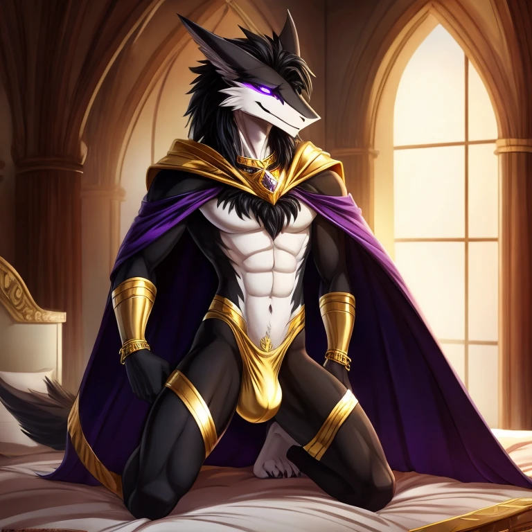 A giant, furry and slim anthropomorphic sergal with black fur that has gold markings, purple glowing eyes and short messy black hair wearing a gold cape, a gold thong with a giant bulge, gold shoulder bracelets, gold earrings, gold rings, gold anklets and gold toe rings kneeling on his bed with his hands on his hips while looking down at you with a cocky and teasing face as you are a tiny being compared to him