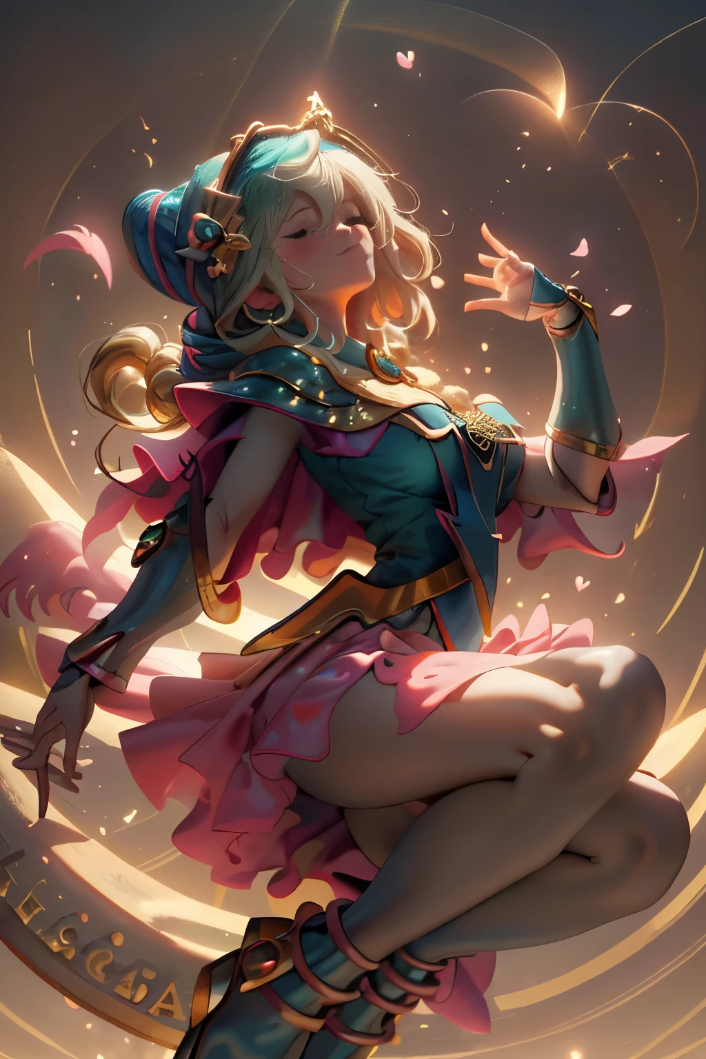 Obra maestra:1.2), (La mejor calidad:1.2), Perfect lighting, Chica Maga Oscura, lanzando un hechizo y flotando en el aire, tetas grandes, escote, fondo de magia. Corazones transparente en el ambiente, ella usa tacones