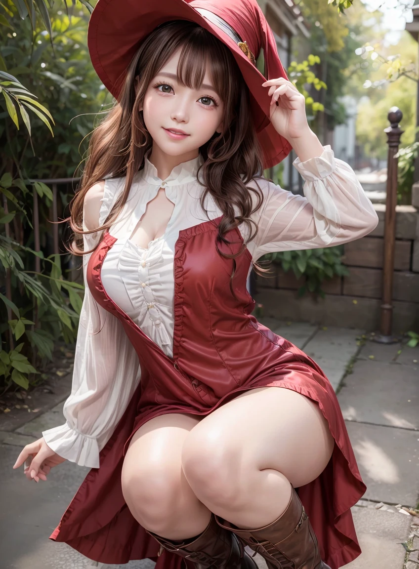 (highest quality:1.3), Highly detailed CG Unity 8k wallpaper, 32K, Realistic, Ultra-high resolution RAW photos, Beautiful and clear face, White skin, Real Skin, Finely textured fabric, Detailed hair texture, Perfect body, Beautiful Features, Accurate fingering, Anatomically correct, Highly detailed face and skin texture, One Girl, cute,Brown Hair、((Curly Hair、Red eyes、Droopy eyes:1.2))、Shiny and smooth hair, Thick bangs、(Bright smile:1.2), Witch Costume、Big hat、Knee-high boots、