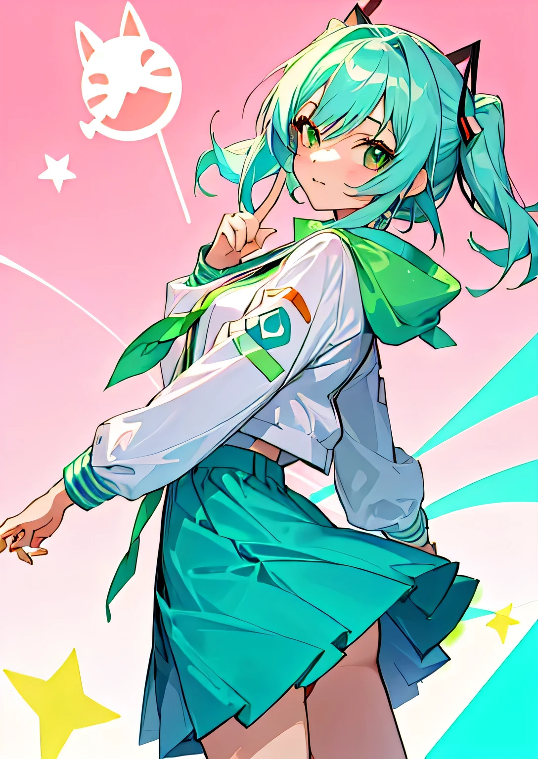 a drawing of a girl with green hair and a white jacket, anime visual de una linda chica, best personaje animado design, rei hiroe, neferpitou, shirabii, chica elfa, naughty anime girl, La verdad del asunto, arte oficial, ella tiene una linda cara expresiva, kajika wataru, with the index finger, arte oficial del personaje, personaje animado