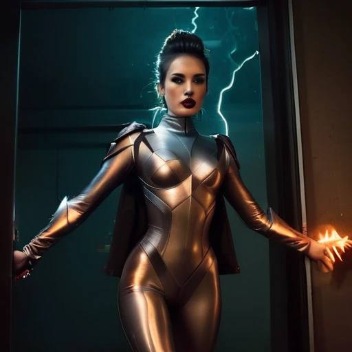 leather-clad woman,dark-haired beauty,confident pose,seductive gaze,mysterious expression,captivating eyes,fierce makeup,fitted leather jacket and pants,tall leather boots,captivating detailed lips,edgy fashion style,urban setting,nighttime ambiance,gritty atmosphere,steely determination,high-quality rendering,sharp focus,rich colors,dramatic lighting
