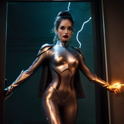 leather-clad woman,dark-haired beauty,confident pose,seductive gaze,mysterious expression,captivating eyes,fierce makeup,fitted leather jacket and pants,tall leather boots,captivating detailed lips,edgy fashion style,urban setting,nighttime ambiance,gritty atmosphere,steely determination,high-quality rendering,sharp focus,rich colors,dramatic lighting