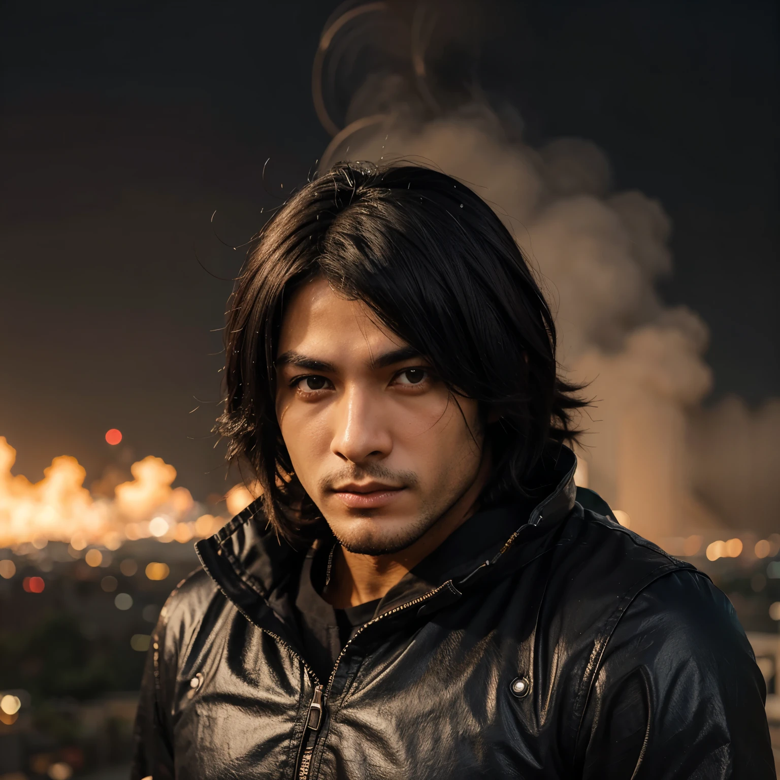 Personagem de anime masculino, poderes elementais de fogo, cabelo preto e cacheado, roupa moderna e ao mesmo tempo disleichada, pele morena e olhos vermelhos