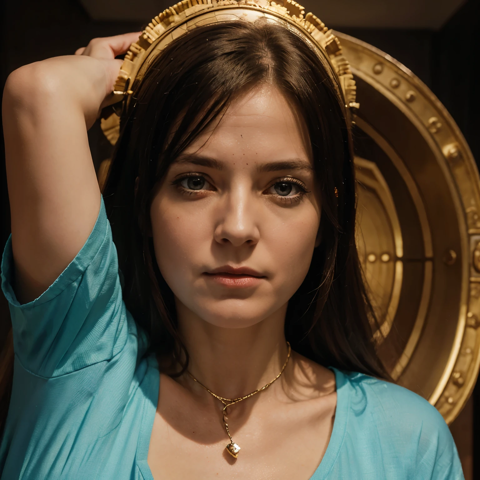 create image of a shining divine saint with the face of the character Jill Roberts in panic