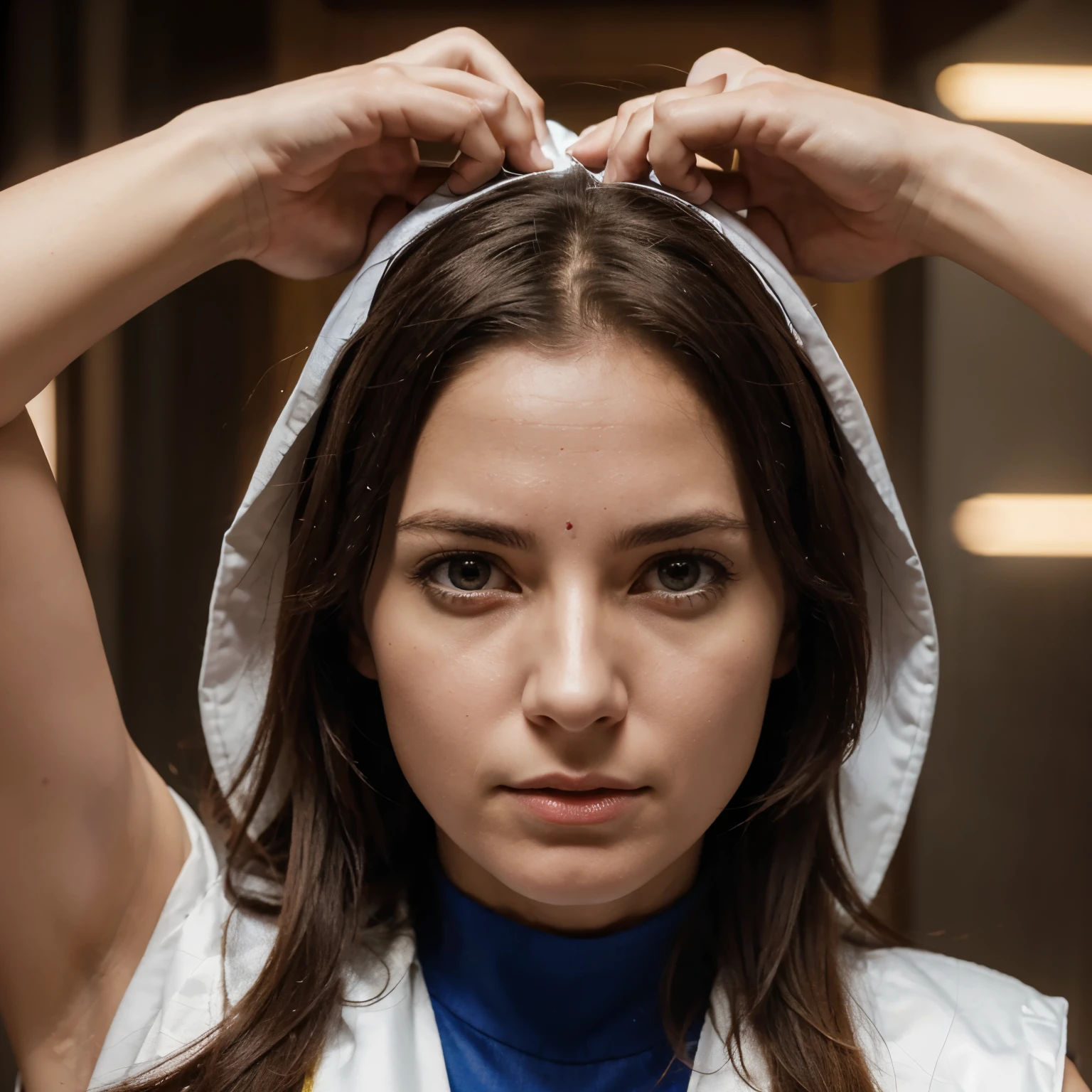 create image of a shining divine saint with the face of the character Jill Roberts in panic