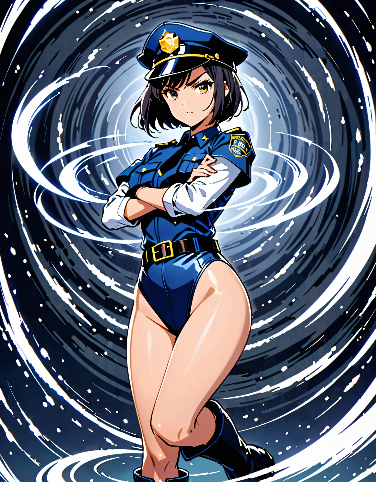 (masterpiece), (best quality), (high res),1girl, tall body, ((short hair, bob hair, jet black hair)), (hazel eyes) beautiful detailed eyes, beautiful detailed face, cute face, perfect hands, complete fingers, perfect anatomy, perfect proportions, ((hat, black police hat)), ((leotard, matching leotard, bare legs)), ((boots, matching boots)), breasts, medium breasts, fingerless gloves, (full body portrait), looking at viewer, solo, solo focus, police uniform, cowboy shot, (belt, tight belt), (armbands, white sleeves), serious, crossed arms, full body costume design. ahoge, (spins in place like a tornado, she spins at an incredible speed, creating a whirlwind of air around her,spiral lines around,cyclone winds around,tornado spinning).