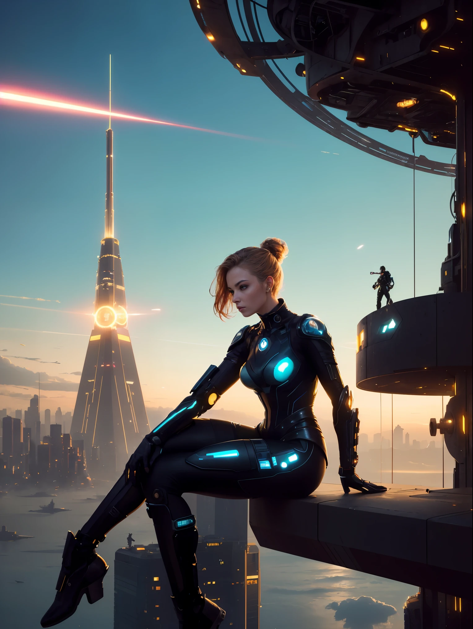 ((Masterpiece in high definition)), retro-futuristic style with steampunk elements. | In this sci-fi_futuristic scenario, a fearless woman advances with confidence through the urban environment. His futuristic jumpsuit, ornamented with pulsating light lines, highlights the harmony between technological aesthetics and his determination in the fight for nature. The cover displays rebellious symbols, emphasizing his role as a leader. The metal structure, dominating the horizon, emanates intense light and technological activity, while the woman prepares to challenge the corporation and restore the balance between technology and nature in the floating city. | The intense lighting of the energy tower creates an atmosphere of challenge, highlighting the battle between technological and natural elements. | Futuristic scene of a fearless woman challenging a corporation in a floating city, highlighting the harmony between technological aesthetics and the struggle for nature. | {The camera is positioned very close to her, revealing her entire body as she adopts a dynamic_pose, interacting with and leaning on a structure in the scene in an exciting way} | ((perfect_pose):1), She is adopting a ((dynamic_pose as interacts, boldly leaning on a structure, leaning back in a dynamic way):1.3), ((full body)), ((hands_with_5_fingers):1), ((perfect_fingers):1), ((perfect_legs):1), better_hands, More_Detail.