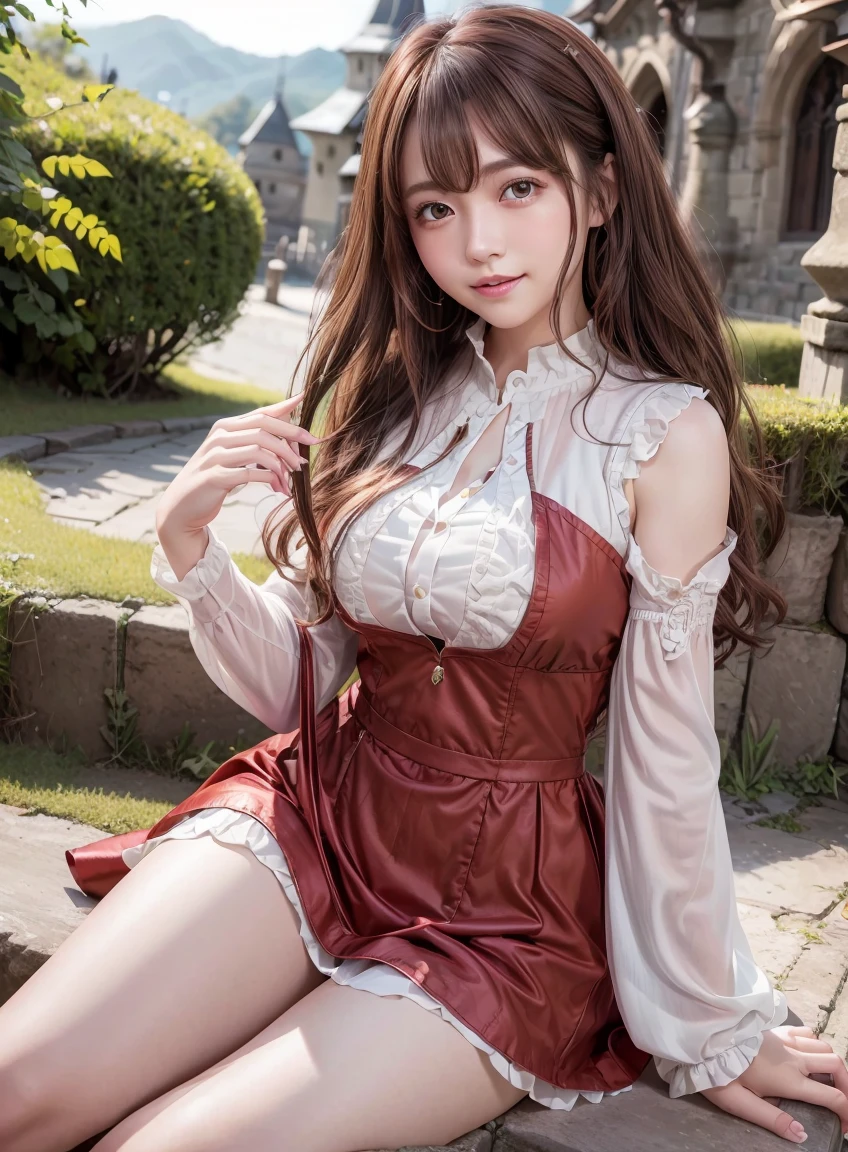 (highest quality:1.3), Highly detailed CG Unity 8k wallpaper, 32K, Realistic, Ultra-high resolution RAW photos, Beautiful and clear face, White skin, Real Skin, Finely textured fabric, Detailed hair texture, Perfect body, Beautiful Features, Accurate fingering, Anatomically correct, Highly detailed face and skin texture, One Girl, cute,Brown Hair、((Curly Hair、Red eyes、Droopy eyes:1.2))、Shiny and smooth hair, Thick bangs、(Bright smile:1.2), Glittering dresses、Stone castle、princess、