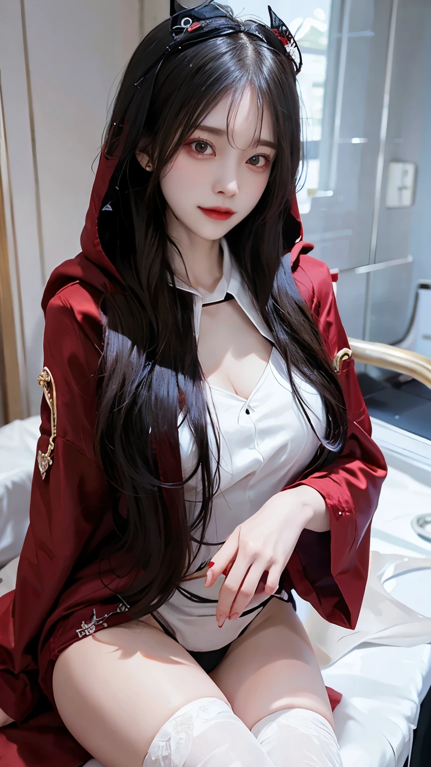 Long white hair - Red eyes - Black hair accessory - Hoodie - Elegant - Mysterious - Minimal exposure - Modest - Unique - Smile - Charm - Presence