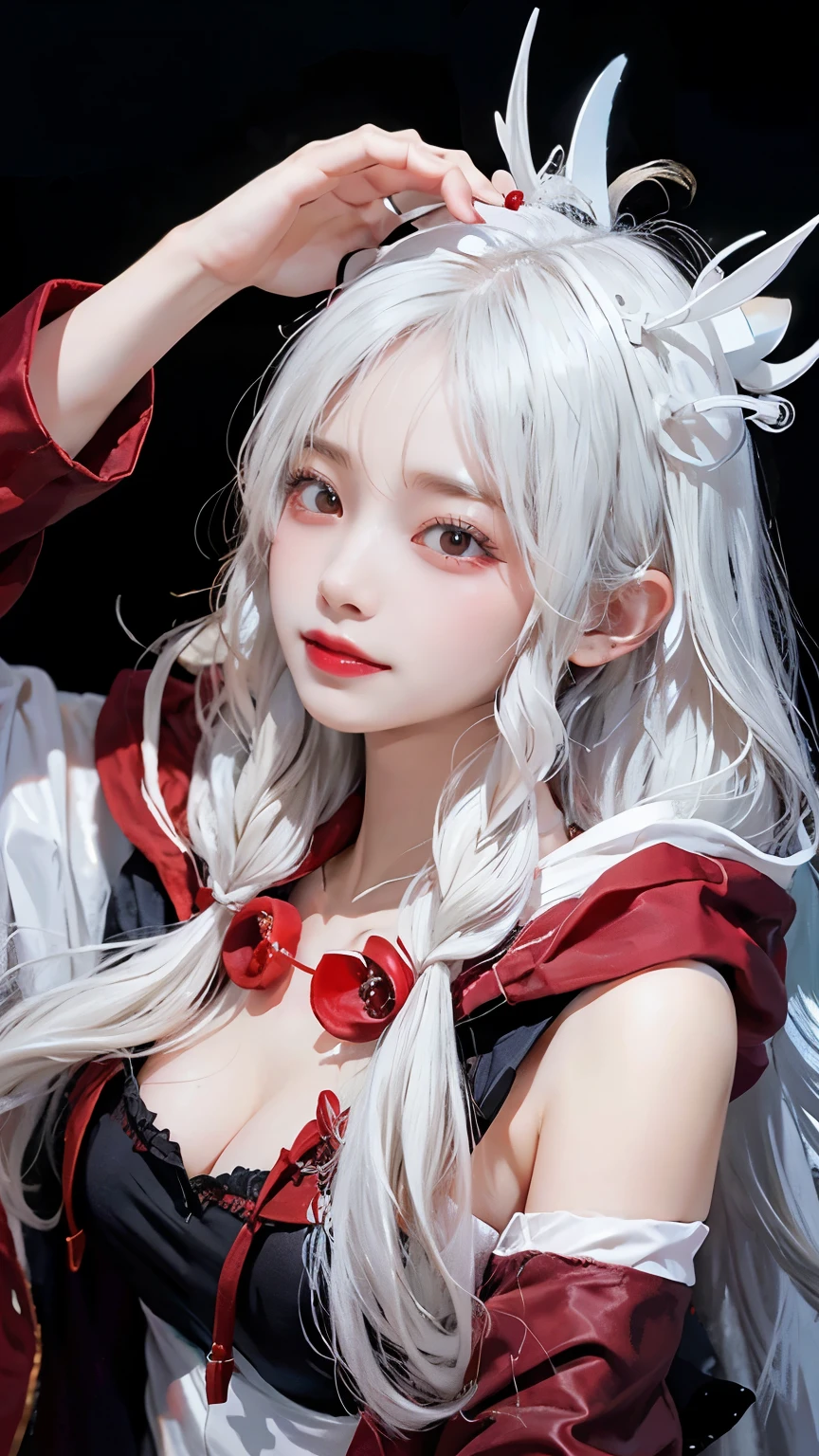 Long white hair - Red eyes - Black hair accessory - Hoodie - Elegant - Mysterious - Minimal exposure - Modest - Unique - Smile - Charm - Presence