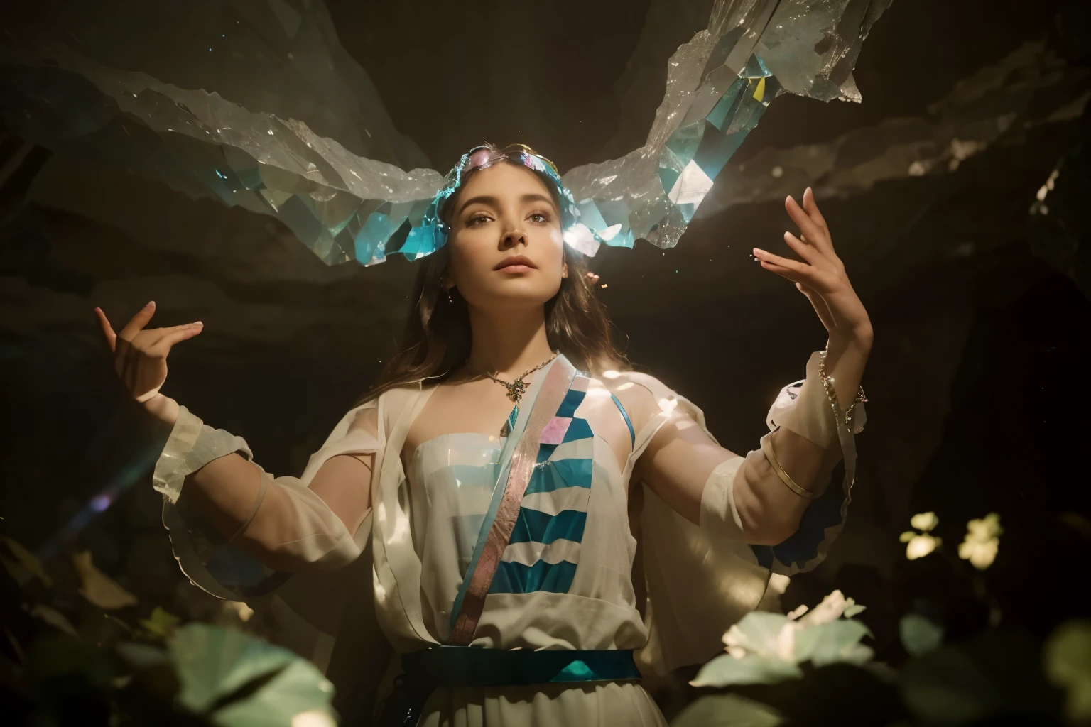 (Best quality, 8k, 32k, Masterpiece, UHD:1.2) Transform the setting of the image into "The Crystal Caverns of Luminescence" from Frieren: Beyond Journey's End. Illuminate the scene with glowing crystals that cast an ethereal light across the cavern walls. Capture the sense of wonder and mystery as the characters explore the depths of the cavern, surrounded by shimmering hues of blue and green. Let the crystals refract light in mesmerizing patterns, creating a sense of enchantment and magic in the underground realm. ((crystals))