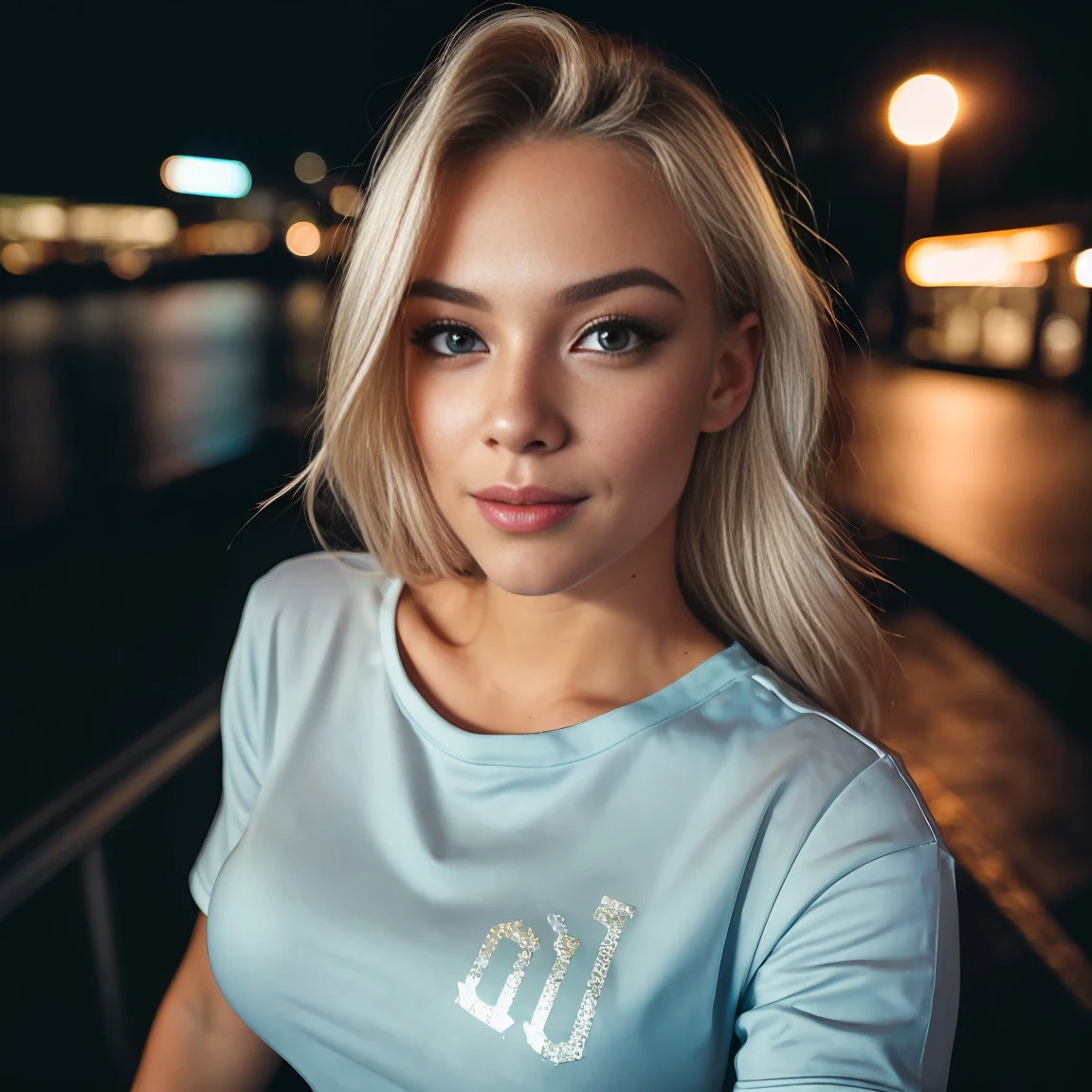 (selfie, top view: 1.4), (straight half of the body: 1.4), RAW UHD portrait photo of a 24-year-old blonde (light blue-eyed woman) walking downTown London large breasts, full body , city at night, (white crew neck t-shirt skirt), (neckline), details (textures! , hair! , glitter, color!! , disadvantages: 1.1), glossy eyes with high detail (looking at the camera), SLR lighting, SLR camera, ultra-quality, sharpness, depth of field, film grain (center), Fujifilm XT3, crystal clear, frame center, beautiful face, sharp focus, street lamp, neon lighting, bokeh (dimly lit), night, (night sky), detailed skin pores, oily skin, sunburn, complex eye details, full body, large breasts