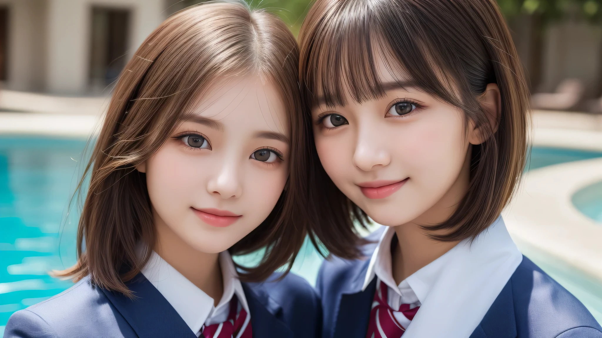 (2girl), enchanting smile, (extremely detailed beautiful face), (highly detailed eyes, highly detailed face), (mid bob hair:1.2), (high school uniform), Fresh, very clean appearance, (best Quality:1.4), (hyper-realistic, hight resolution), Professional Photography, standing, Outdoors, Close up portrait of girl, staring at me, into the pool, (Fine face:1.2),