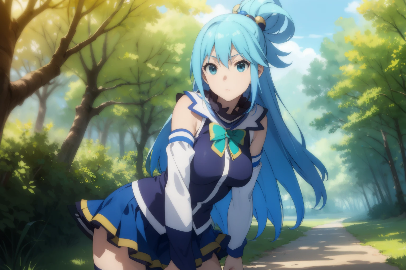 konosubaAqua, Aqua, Long Hair, blue eyes, hair ornaments, very Long Hair, Blue Hair, Hair Ring, Single hair ring, Hair ties,
break skirt, shirt, Knee socks, Exposing shoulders, Removable sleeves, white Knee socks, Blue Skirt, blue shirt, Green ribbon,
break outdoor, forest, nature, wood, village, null, sun, cloud,
break looking at viewer, 
break,,masterpiece ,8k unity wallpaper,anime key visual,highest quality, High resolution, unity 8k wallpaper, (shape:0.8), highly detailed face, shiny skin,fine skin,white skin,dense skin,detailed hair,highly detailed legs,perfect lighting, Detailed CG, (perfect hands, perfect anatomy),High resolution,(Detailed wear ),slender limbs, delicate curves, dainty hands,figure:0.8,