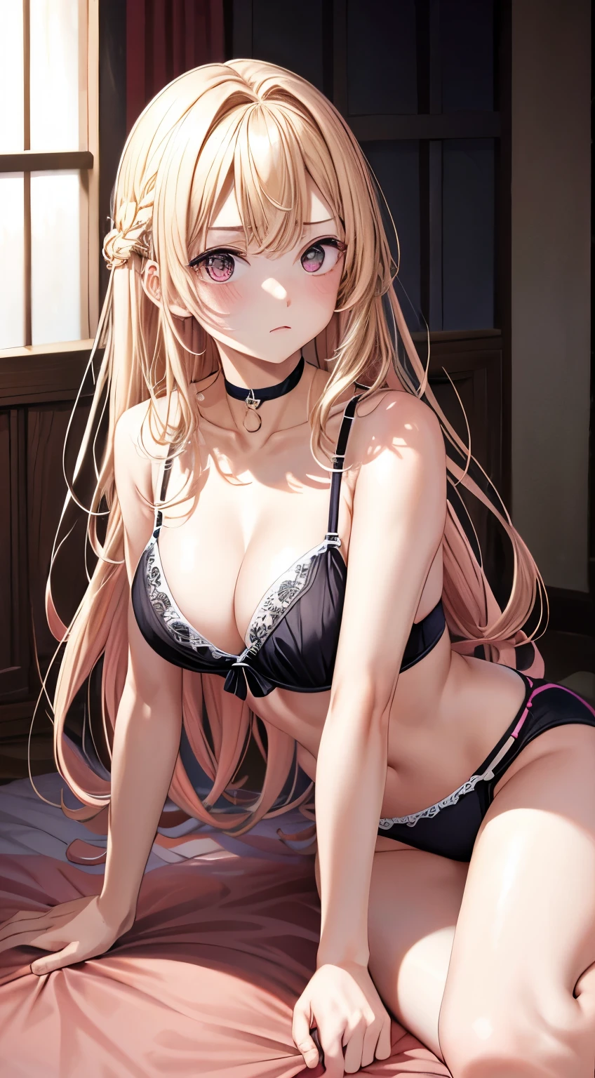 masterpiece, highest quality, One Girl, Long Hair, Leaning forward,Prone, Swimwear,bra,Proneに寝る,black choker, blonde,Hair is pink gradient, blush, bracelet, chest, choker,, clavicle,  Eyebrows visible through hair, blonde, Embarrassing, Improve, , Kogal, Long Hair,Embarrassing, Red eyes, ring, , shirt, underwear, Troubled face, alone,  room ，