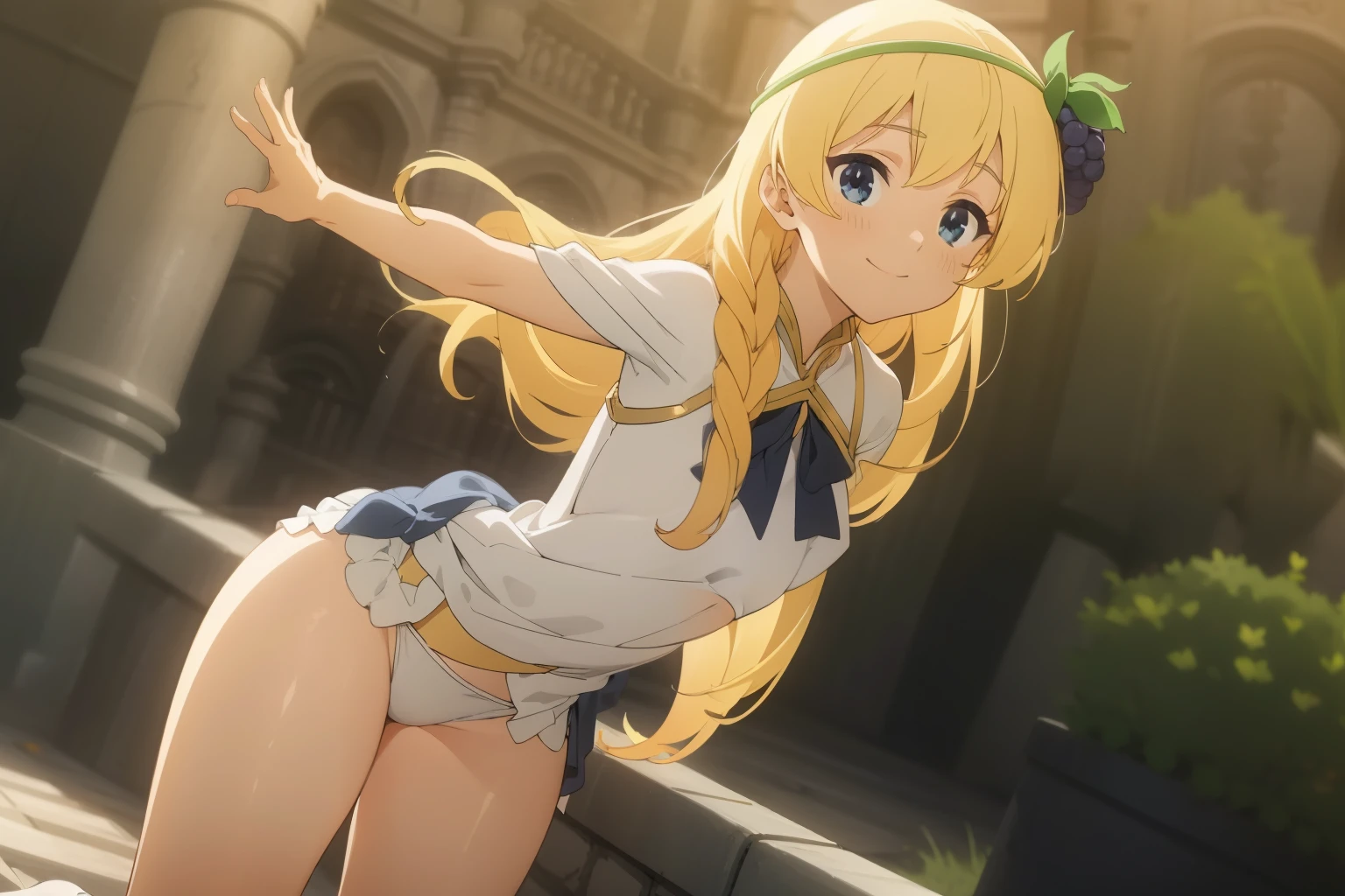 masterpiece, Absurd,Outdoor, Cute Smile,
Dutch Angle, realistic white lace panties,
iris,,masterpiece ,8k unity wallpaper,anime key visual,highest quality, High resolution, unity 8k wallpaper, (shape:0.8), highly detailed face, shiny skin,fine skin,white skin,dense skin,detailed hair,highly detailed legs,perfect lighting, Detailed CG, (perfect hands, perfect anatomy),High resolution,(Detailed wear ),slender limbs, delicate curves, dainty hands,figure:0.8,