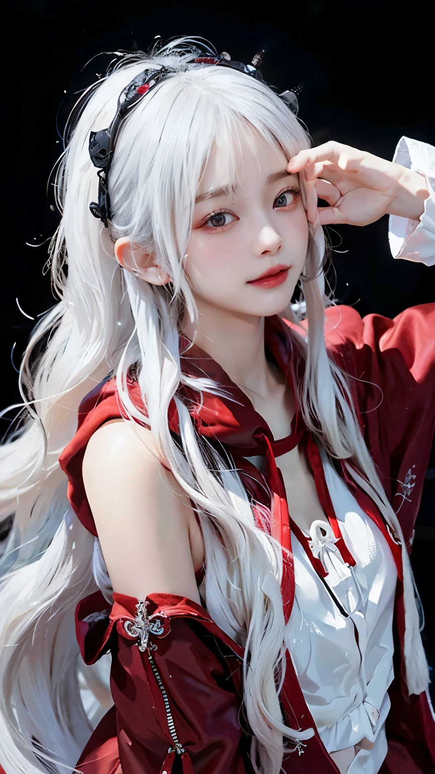 Long white hair - Red eyes - Black hair accessory - Hoodie - Elegant - Mysterious - Minimal exposure - Modest - Unique - Smile - Charm - Presence
