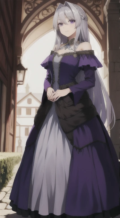 Lady ultamia, rare, time maiden, baggy gown, beautiful girl, long silver hair, Violet eyes, town,