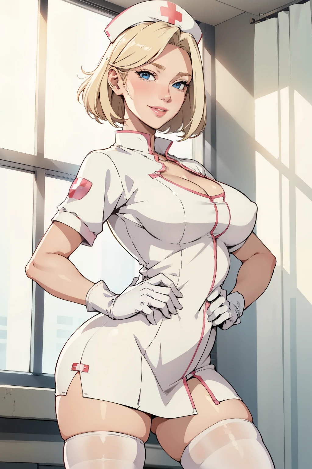 1woman, Nurse, nurse uniform, Nurse Cap, Whiteware, ((White legwear, zettai ryouiki)), White Gloves, Blonde hair, Blue eyes, pink lipsticks, Smile, Standing, sharp outline, Short sleeves, a mature female, 35 year old, Best Quality, masterpiece, infirmary, As chest shows, chest escaping, rain on face, sensuous pose, tit visible