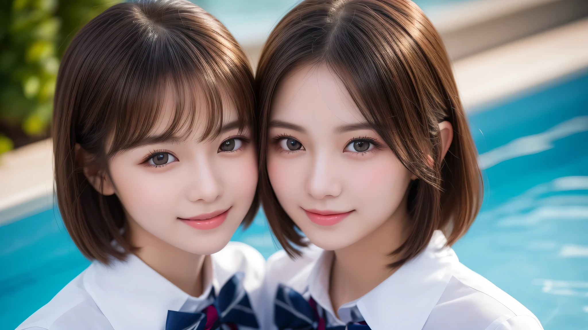 (2girl), enchanting smile, (extremely detailed beautiful face), (highly detailed eyes, highly detailed face), (mid bob hair:1.2), (high school uniform), Fresh, very clean appearance, (best Quality:1.4), (hyper-realistic, hight resolution), Professional Photography, standing, Outdoors, Close up portrait of girl, staring at me, into the pool, (Fine face:1.2),