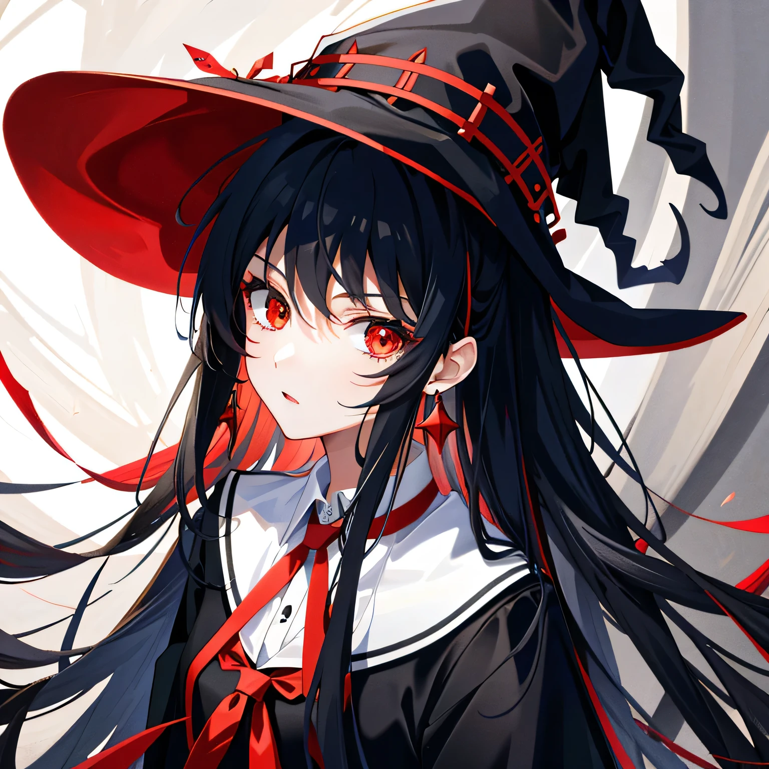 best quality,ultra-detailed,realistic,portrait,red-eyed girl:1.2,black-haired girl:1.1,serious expression,,high school setting,witch hat with red details,teenage girl:1.1