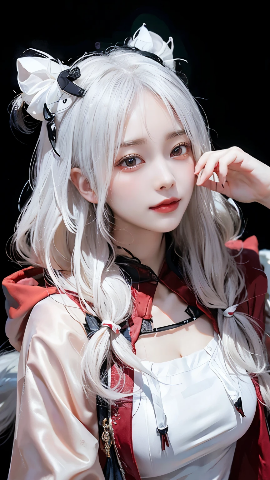 Long white hair - Red eyes - Black hair accessory - Hoodie - Elegant - Mysterious - Minimal exposure - Modest - Unique - Smile - Charm - Presence