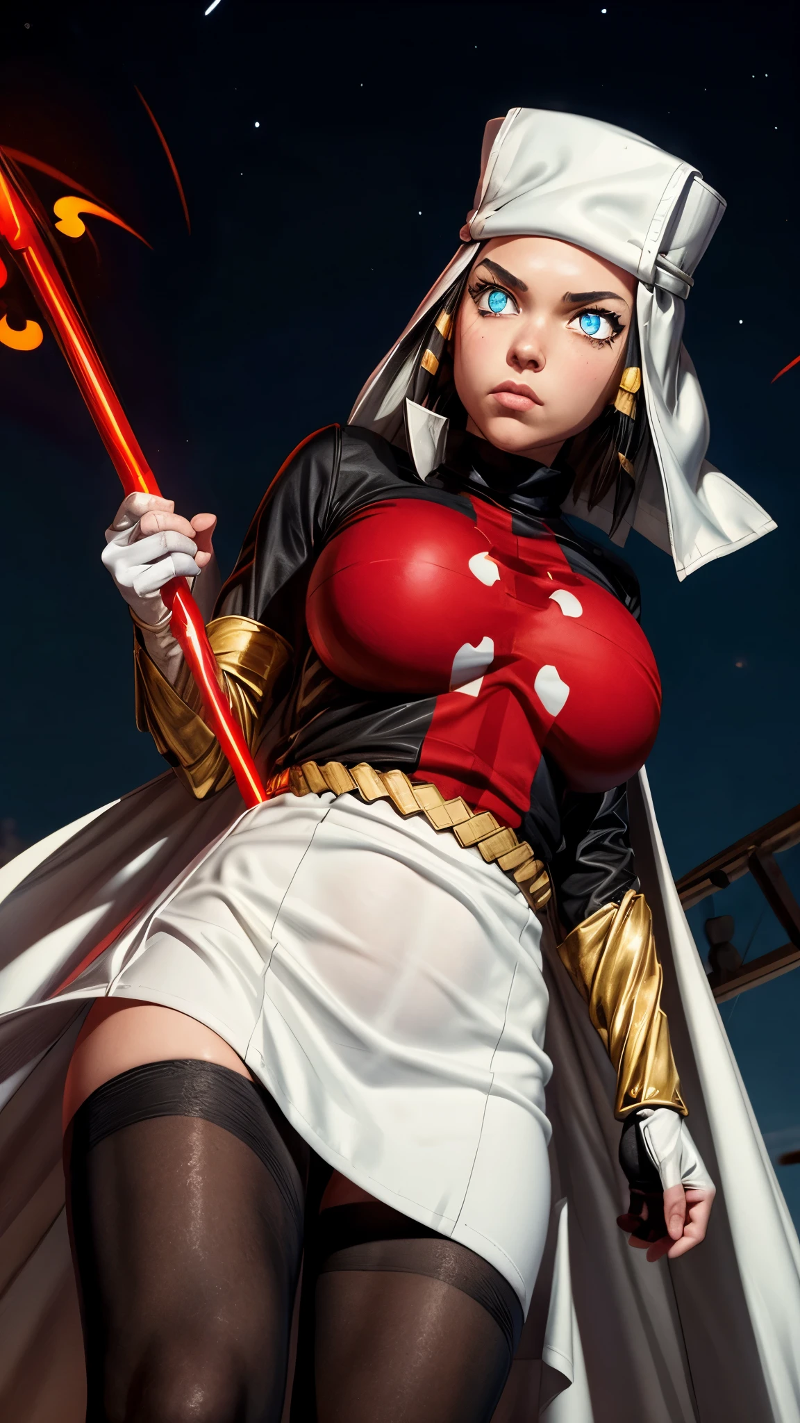 Arrow, Fire Force, masterpiece, best quality,  ffarrow, symbol-shaped pupils, white headwear, red and white dress, long black sleeves, black pantyhose, fingerless gloves, vambraces, large breasts, cowboy shot, from below, night sky, glowing eyes