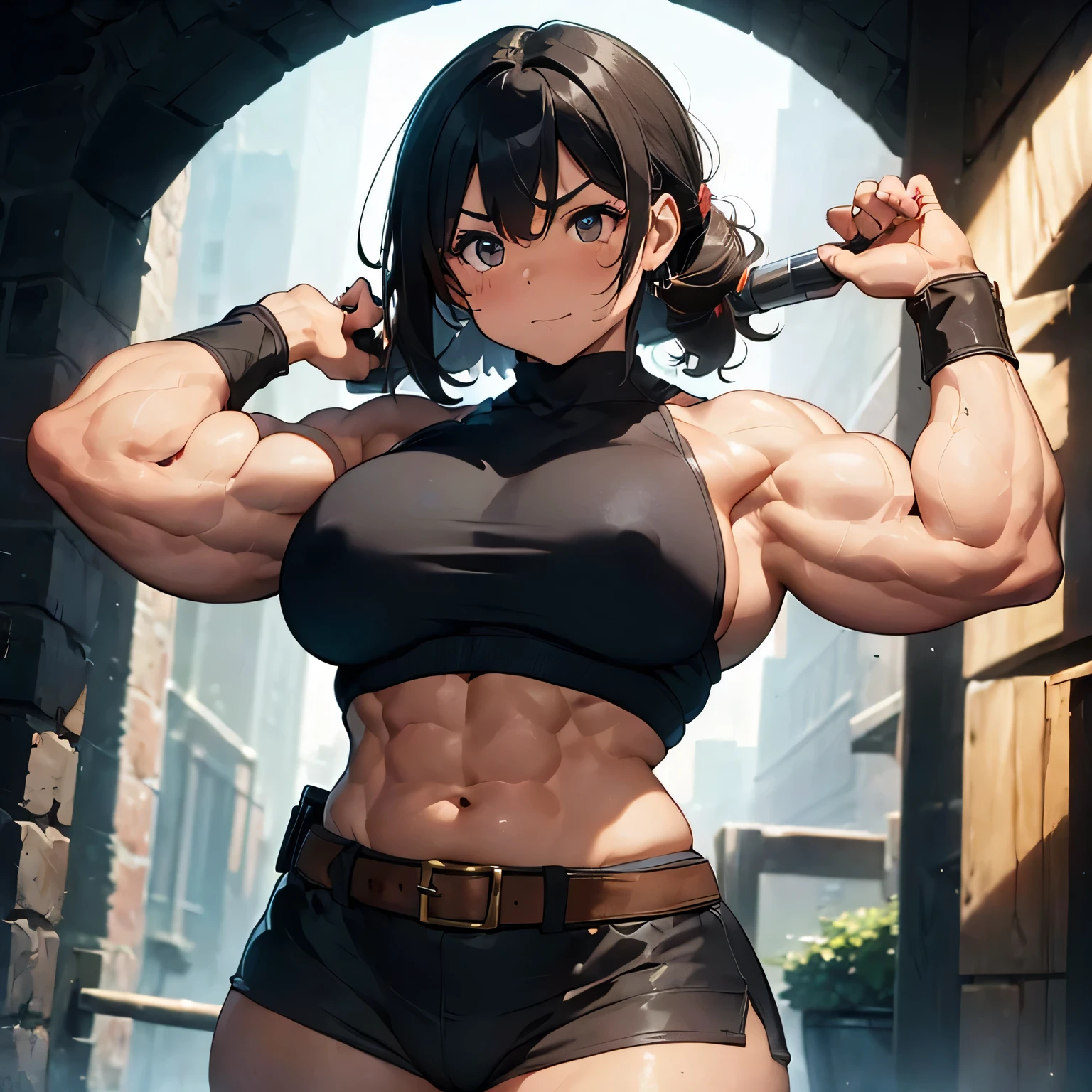 (muscular:1.5) (thick build:1.35) (female:1.2) guard flexing her biceps in medieval times, (sweat drops:1.2), (best quality:1.3), (masterpiece), (female solo:1.1)