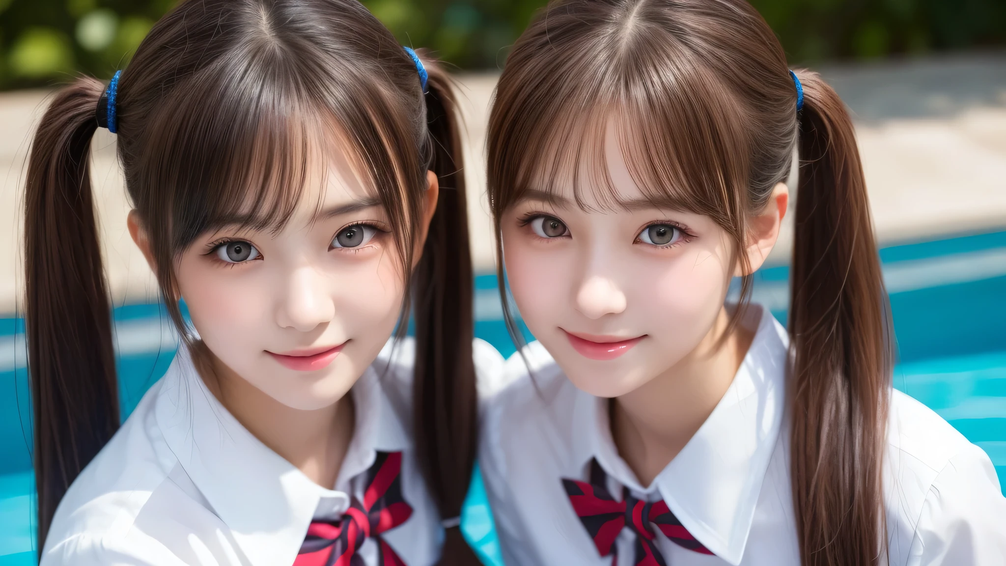 (2girl), enchanting smile, (extremely detailed beautiful face), (highly detailed eyes, highly detailed face), (twin tails:1.2), (high school uniform), Fresh, very clean appearance, (best Quality:1.4), (hyper-realistic, hight resolution), Professional Photography, standing, Outdoors, Close up portrait of girl, staring at me, into the pool, (Fine face:1.2),