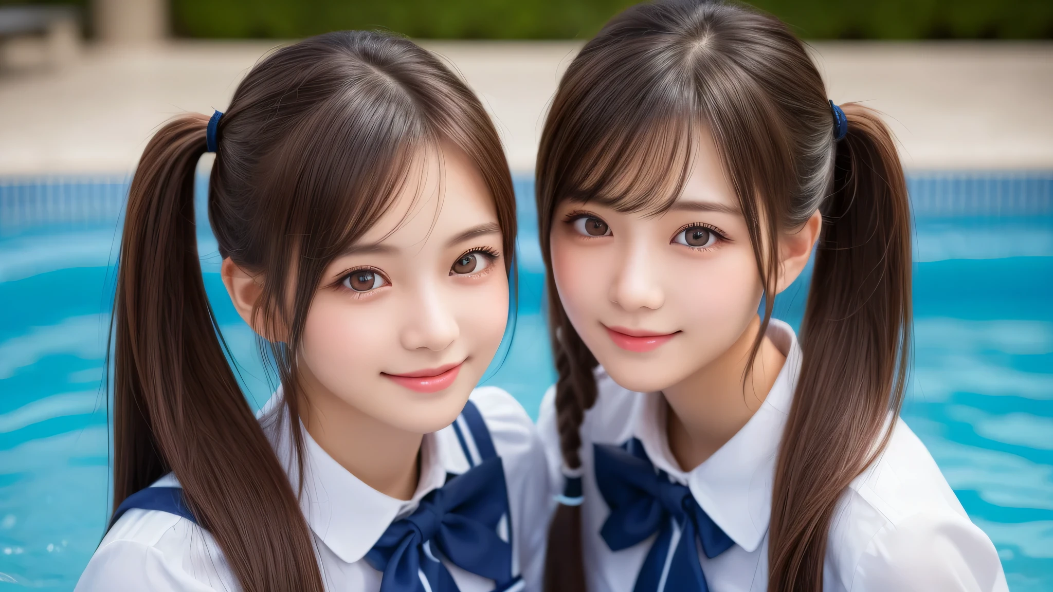 (2girl), enchanting smile, (extremely detailed beautiful face), (highly detailed eyes, highly detailed face), (twin tails:1.2), (high school uniform), Fresh, very clean appearance, (best Quality:1.4), (hyper-realistic, hight resolution), Professional Photography, standing, Outdoors, Close up portrait of girl, staring at me, into the pool, (Fine face:1.2),