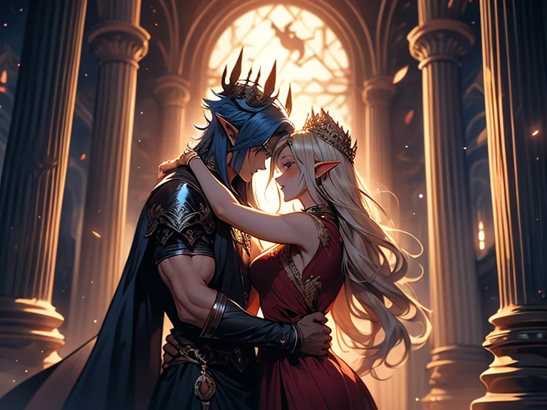 a tall male elf with huge muscles demon horns and dark blue long hair wearing armor hugging a female blonde elf in a medieval crown room near a pillar, comet falling down outside from the sky, dark sky, dangerous athmosphere, lovers