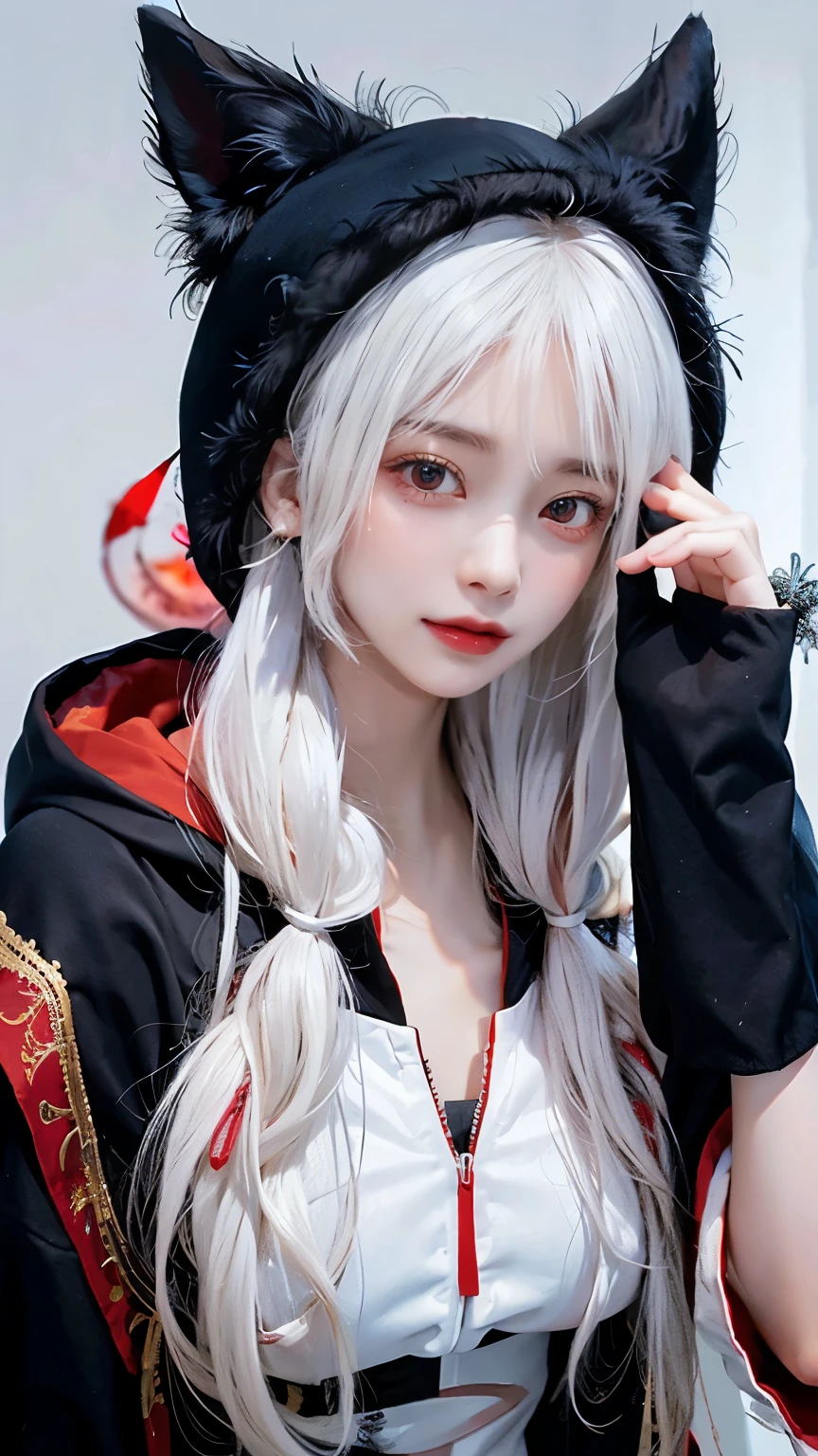 Long white hair - Red eyes - Black hair accessory - Hoodie - Elegant - Mysterious - Minimal exposure - Modest - Unique - Smile - Charm - Presence