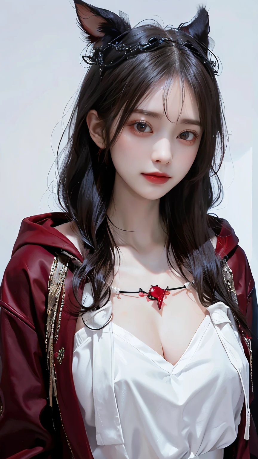 Long white hair - Red eyes - Black hair accessory - Hoodie - Elegant - Mysterious - Minimal exposure - Modest - Unique - Smile - Charm - Presence