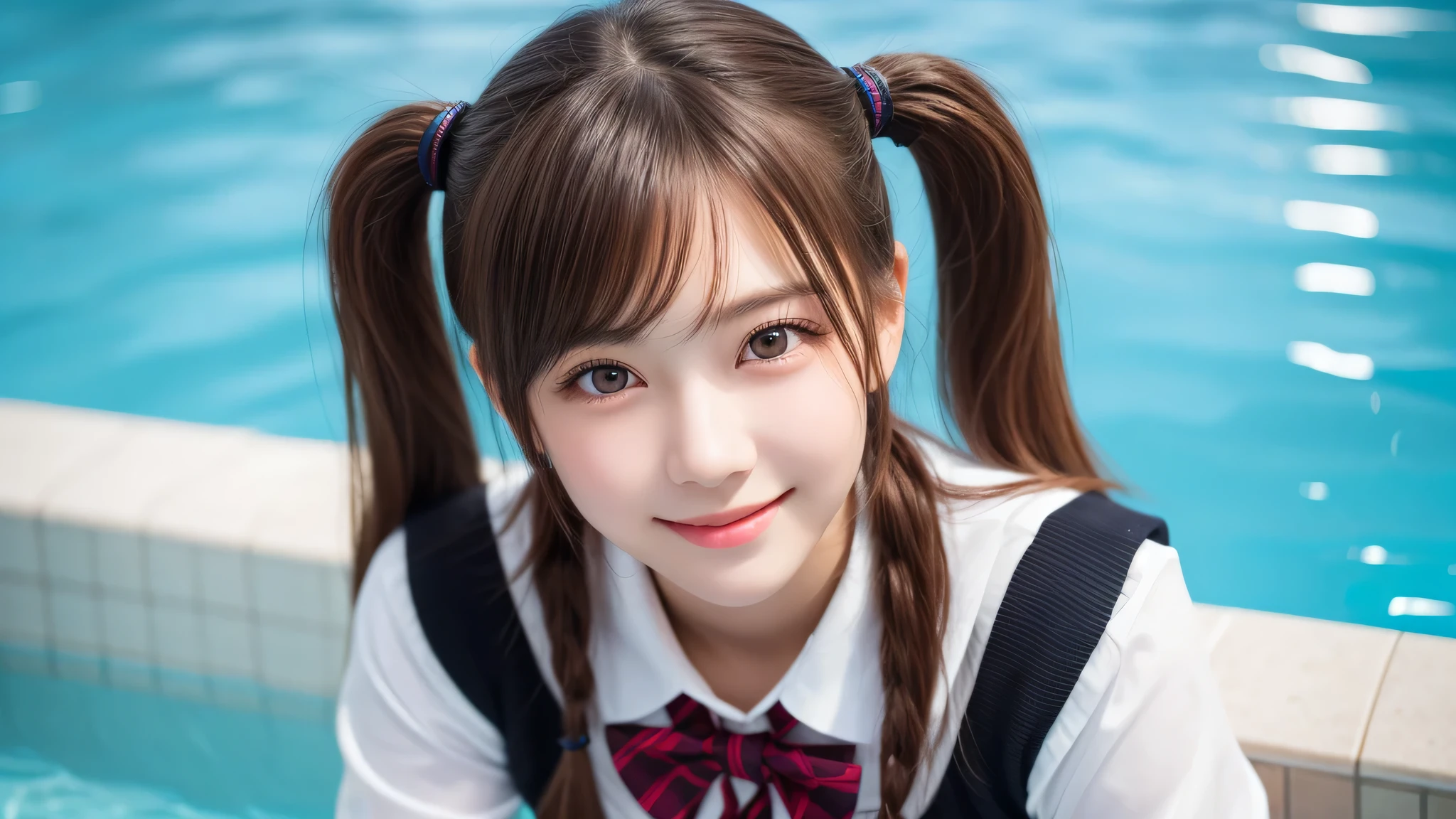(2girl), enchanting smile, (extremely detailed beautiful face), (highly detailed eyes, highly detailed face), (twin tails:1.2), (high school uniform), Fresh, very clean appearance, (best Quality:1.4), (hyper-realistic, hight resolution), Professional Photography, standing, Outdoors, Close up portrait of girl, staring at me, into the pool, (Fine face:1.2),