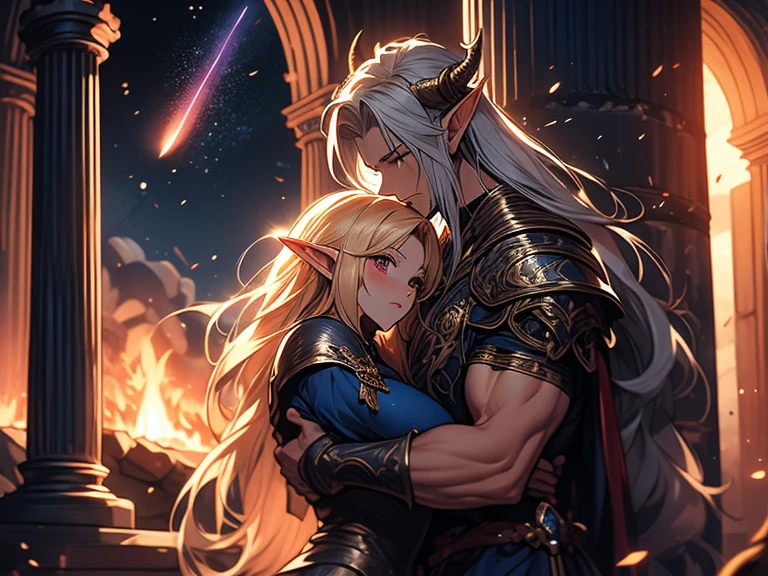 a tall male elf with huge muscles demon horns and dark blue long hair wearing armor hugging a female blonde elf in a medieval room near a pillar, dangerous huge burning comet falling down outside from the sky, dark sky, dangerous athmosphere, lovers