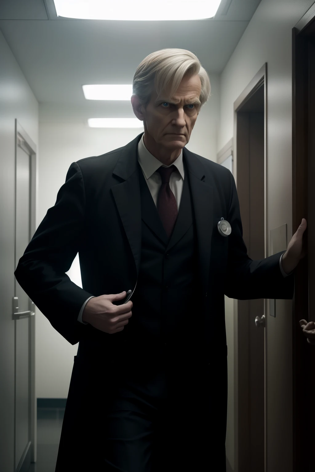 A doctor, with a serious expression, stands in the dimly lit emergency room, his eyes fixed on the ominous shadows dancing on the walls. The atmosphere is tense and filled with terror, as if something otherworldly lurks in the corners of the room. The shadows appear distorted and menacing, taking on the forms of grotesque demons that send shivers down the spines of those who dare to look. With a quivering hand, the doctor reaches for his medical bag, his heart pounding in his chest. He knows that this is no ordinary emergency, and that he must act fast to save lives. But as he peeks over his shoulder, the shadows seem to shift and grow, darker