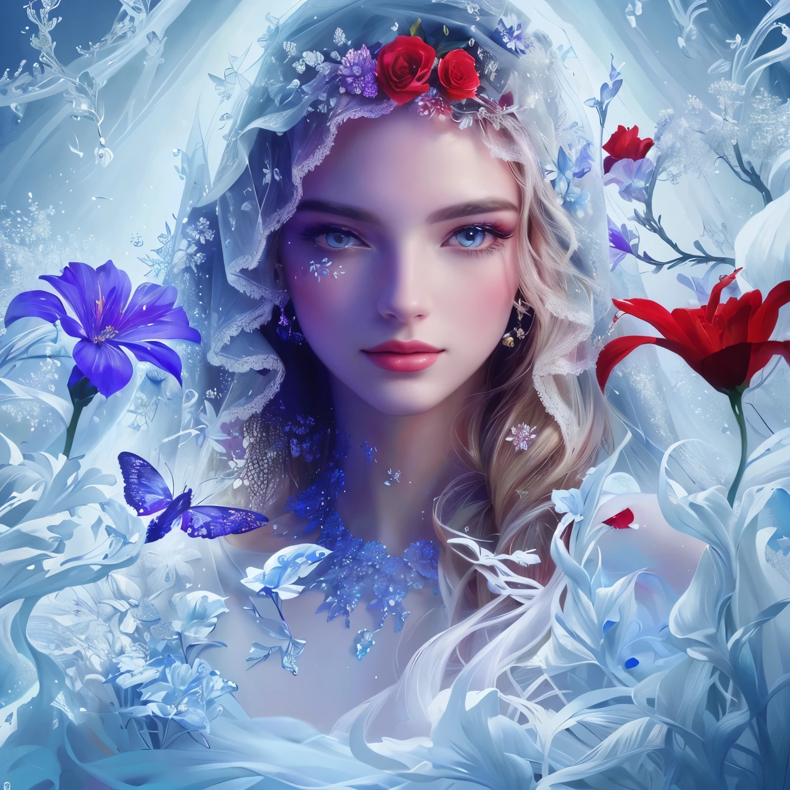A closeup of a woman with a veil and flowers, fantasia de arte digital, fantasia de arte digital art, arte digital de fantasia, beautiful retrato de arte de fantasia, linda arte digital, rainha de gelo, beautiful linda arte digital, exquisite digital illustration, linda arte digital, beautiful retrato de fantasia, retrato de arte de fantasia, arte digital surrealista, retrato de fantasia, com flores congeladas ao seu redor, the rainha de gelo