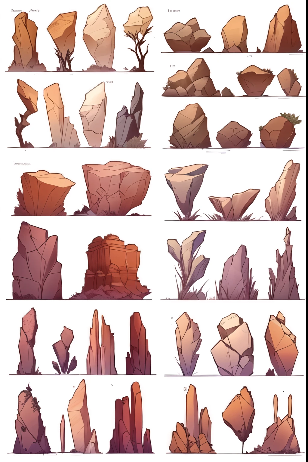 a lot of different types of rocks and rocks in different stages, rock formations, desenvolvimento visual, estruturas rochosas altamente detalhadas, arte conceitual!, desenhos de arte rupestre, arte conceitual!!, arte conceituals, colored arte conceitual, arte conceitual style, unnatural forms, estilo do vale do monumento, arte de fundo, Various Art Styles, carved formations, arte conceitual, Arte conceitual, arte conceitual