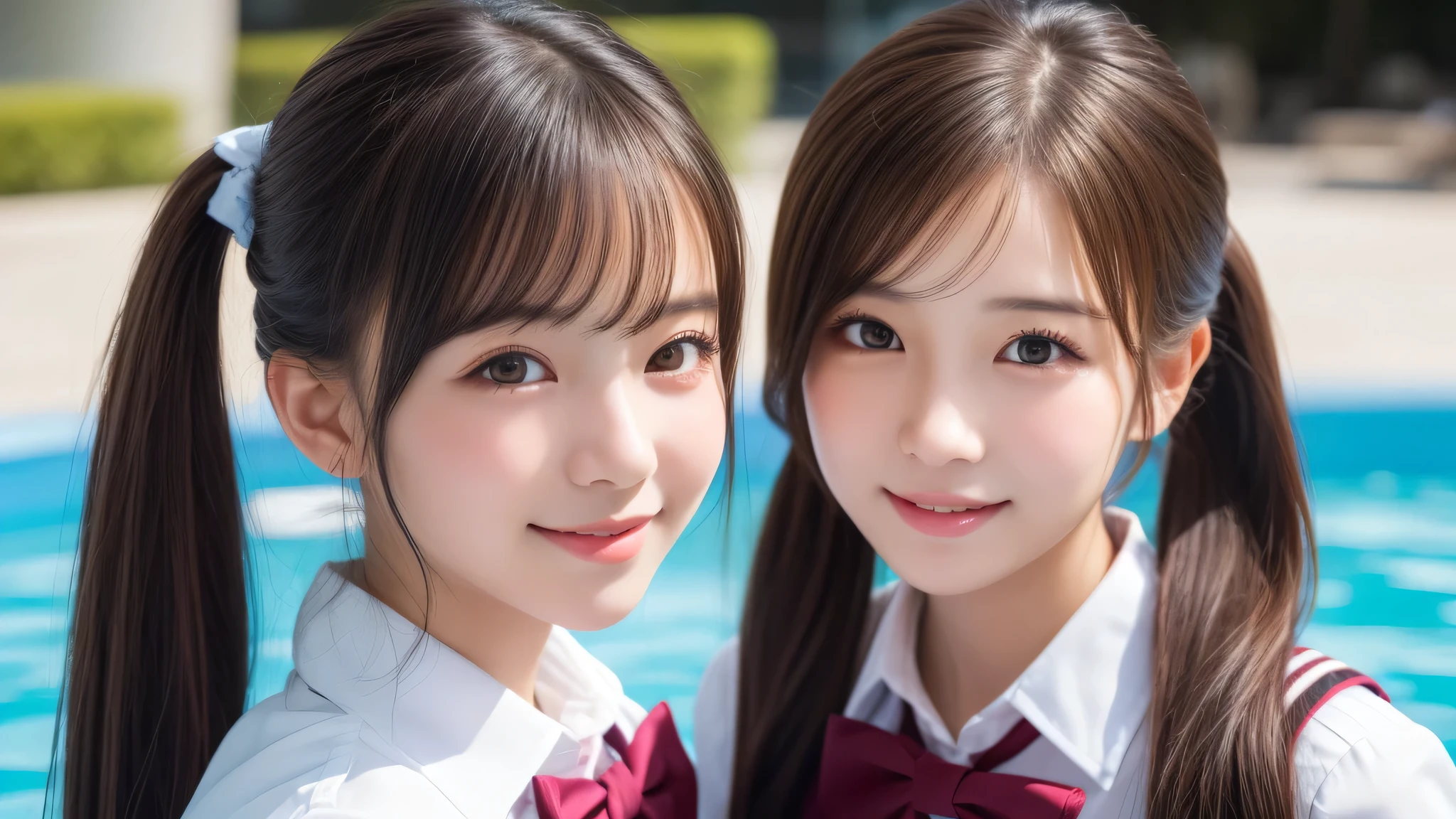 (2girl), enchanting smile, (extremely detailed beautiful face), (highly detailed eyes, highly detailed face), (twintails), (high school uniform), Fresh, very clean appearance, (best Quality:1.4), (hyper-realistic, hight resolution), Professional Photography, standing, Outdoors, Close up portrait of girl, staring at me, into the pool, (Fine face:1.2),
