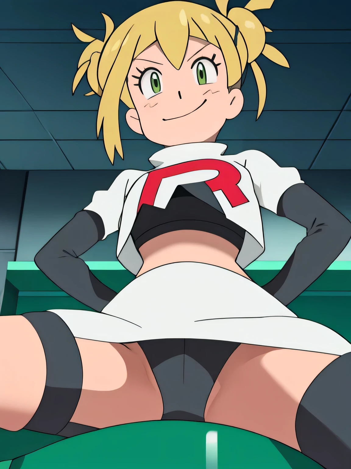 masterpiece,best quality,high res,high quality,8k, masterpiece,highres, team rocket uniform, red letter r, white skirt,white crop top,black thigh-high boots, black elbow gloves, evil smile, looking down at viewer, hands on hips, cowboy shot, zettai ryouiki,spread legs,from below, black panties,anime style, vivid colors, sharp focus, intense lighting,toga himiko
