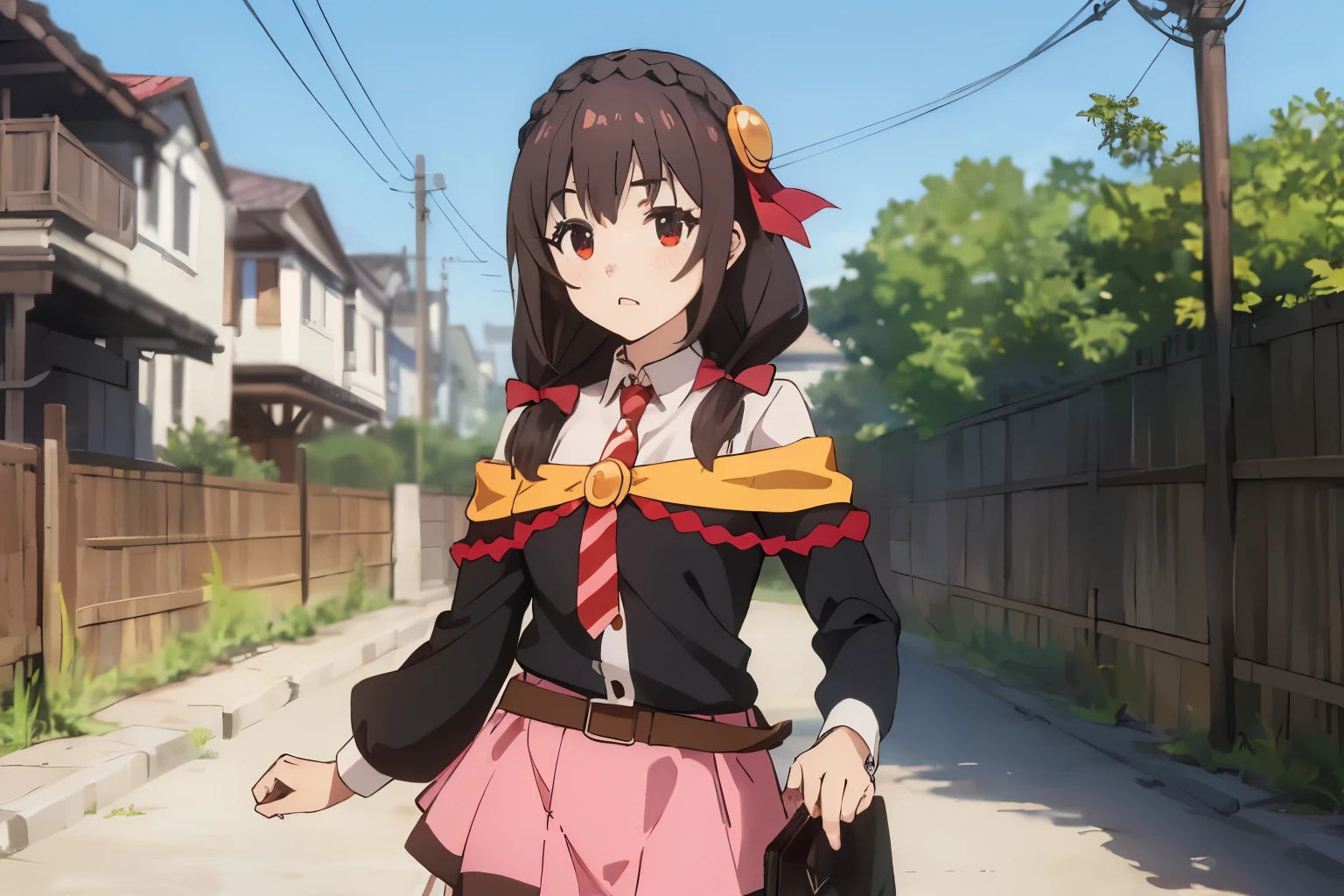 ((highest quality)),((Very detailed)),masterpiece,Absurd,Detailed face,Beautiful Face,(Fine grain, Deep Eyes),One girl,((Dynamic pose)) itch, Brown Hair, tie, Red eyes, alone, Braiding, Open your mouth, pantyhose, View your viewers, crown Braiding, hair ornaments, bow, hair bow, dress, Twin tails, Long Hair, belt, pink skirt, chest, bangs, Outdoor, blush, Long sleeve, skirt, Off the shoulder, ribbon, shirt, low Twin tails, Medium Hair, red bow, Exposing shoulders, Cowboy Shot, Striped, Are standing