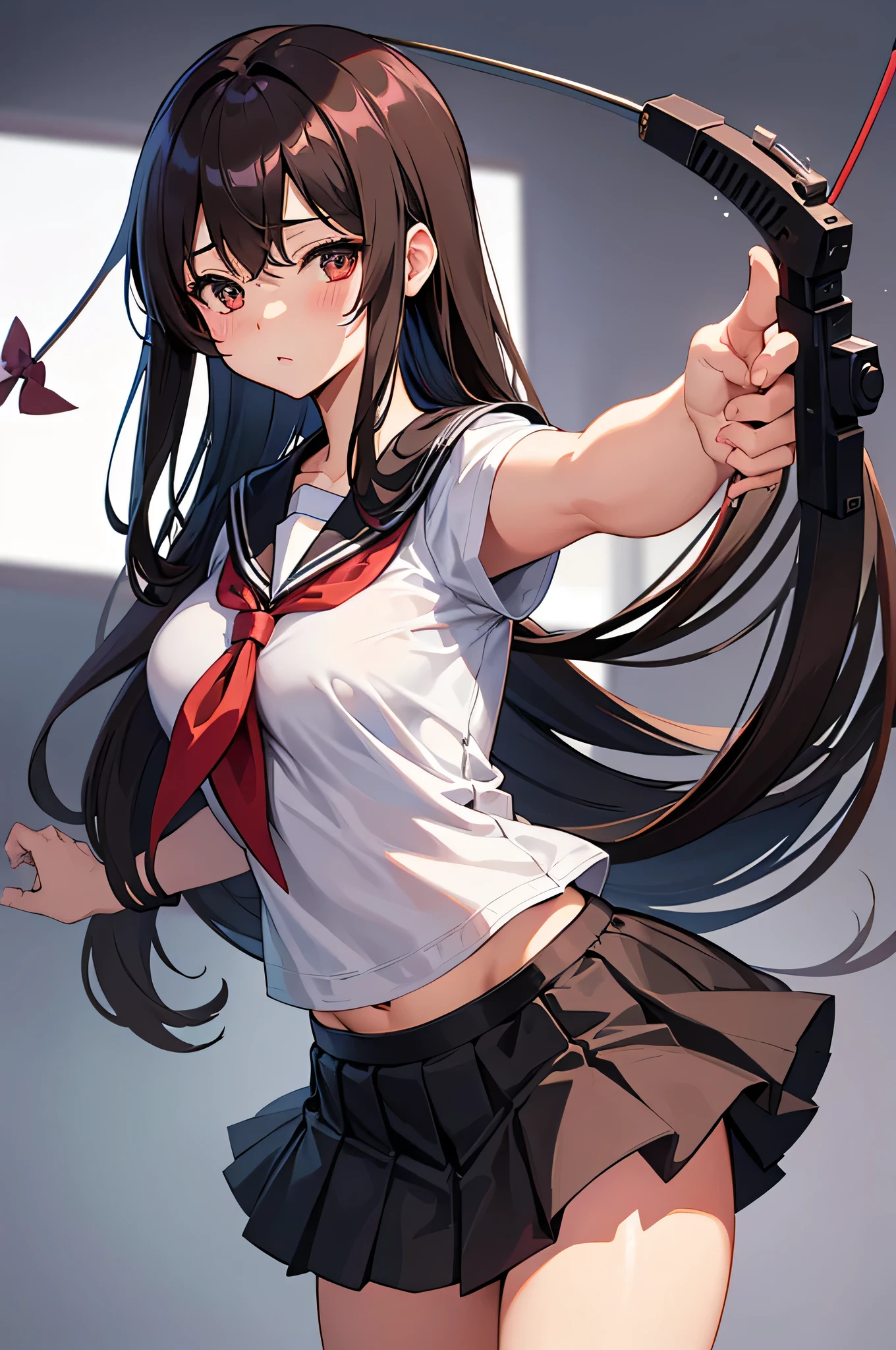 an seduction anime character with long brown tresses and a short skirt in sailor outfit, holding a bow and arrow, 1girl, solo, sexy short school uniform, sexy serafuku, long hair, black hair, cowboy skirt, looking at viewer, white background, simple background, black serafuku, pleated skirt, blush, low back angle