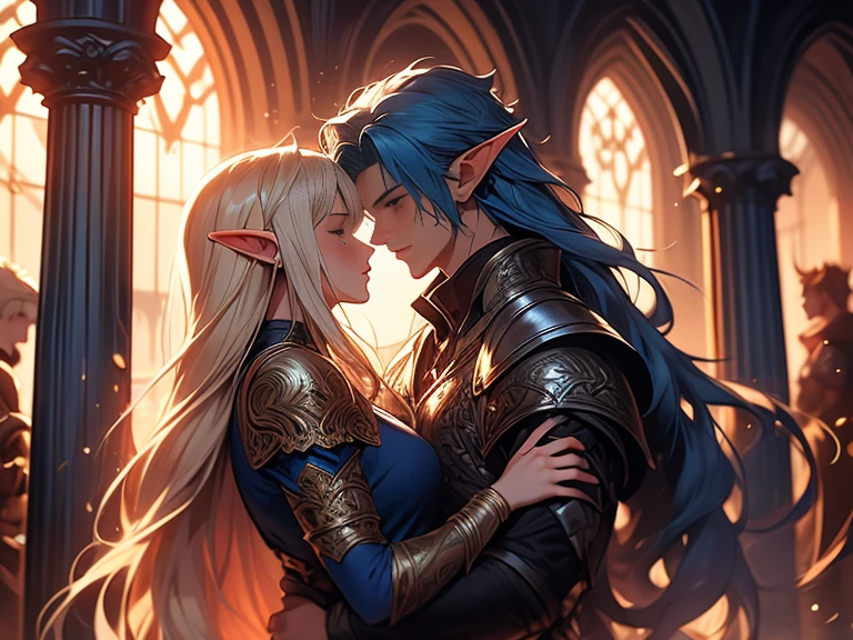 a tall male elf with huge muscles demon horns and dark blue long hair wearing armor hugging a female blonde elf in a medieval room near a pillar, dangerous huge burning comet falling down outside from the sky, dangerous athmosphere, lovers, male elf with blue hair and female elf with blonde hair