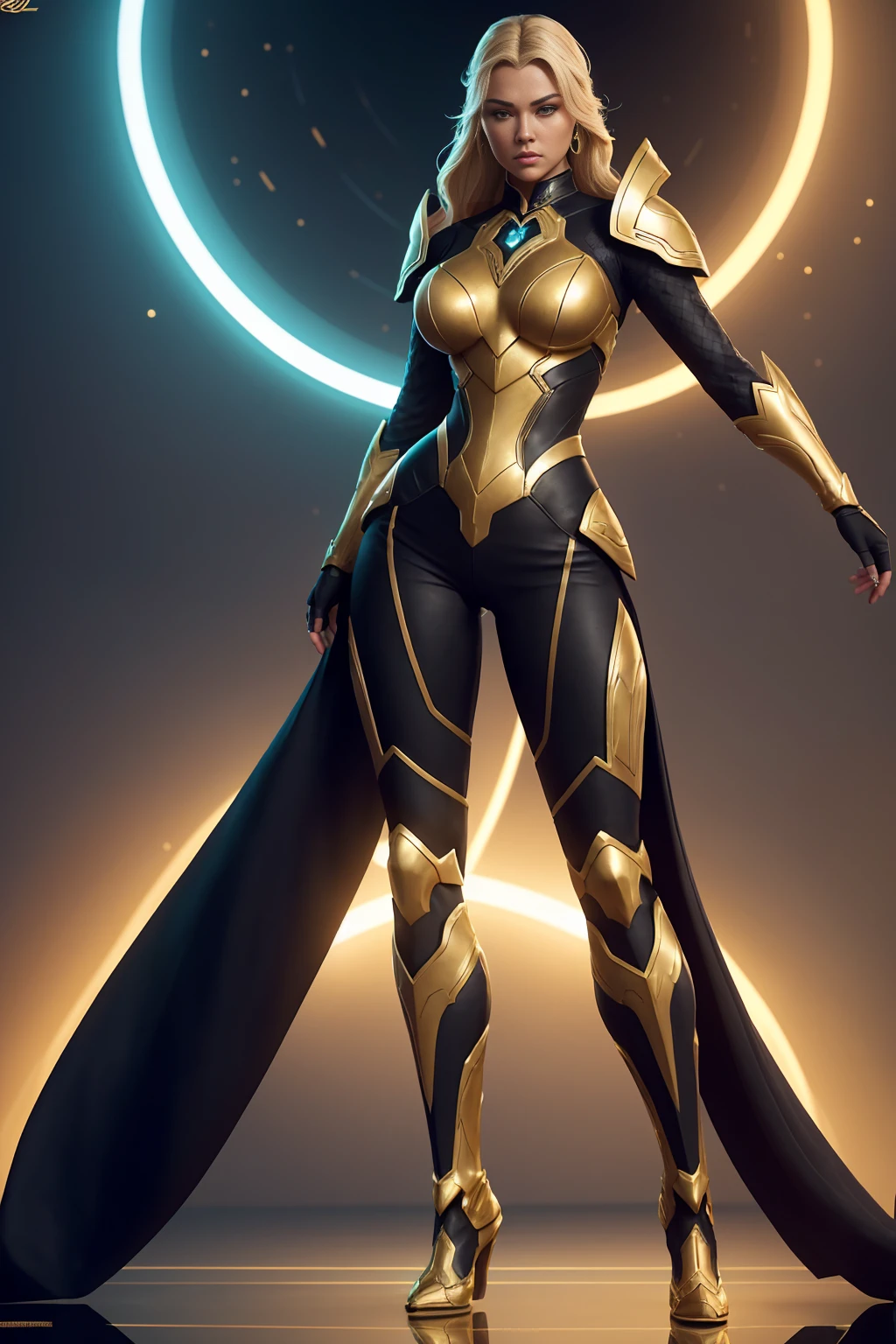 ((Full body photo,standing, feet on the ground)) A captivating, pretty warrior lady graces the trending art community on ArtStation in an in-game full-body single character representation. Dressed in a striking, futuristic glowing cobra suite, she exudes an aura of strength and mystery. The intriguing color scheme of gold and black harmoniously glows, highlighting her curves and accentuating her outfit's unique details. Leonardo DiCaprio's masterful game character art stunningly brings her to life, with glowing effects that illuminate every aspect of her armor, creating a mesmerizing sight to behold.
(ArtStation trending, Futurism, Glowing Cobra Suite, Golden and black