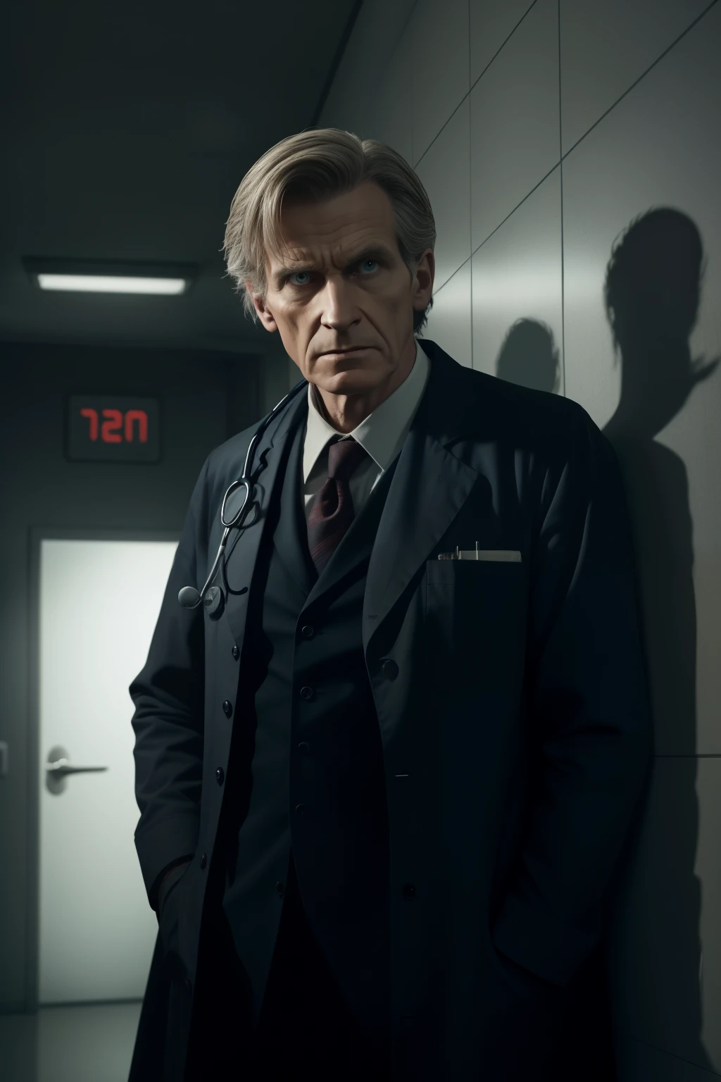 A doctor, with a serious expression, stands in the dimly lit emergency room, his eyes fixed on the ominous shadows dancing on the walls. The atmosphere is tense and filled with terror, as if something otherworldly lurks in the corners of the room. The shadows appear distorted and menacing, taking on the forms of grotesque demons that send shivers down the spines of those who dare to look. With a quivering hand, the doctor reaches for his medical bag, his heart pounding in his chest. He knows that this is no ordinary emergency, and that he must act fast to save lives. But as he peeks over his shoulder, the shadows seem to shift and grow, darker