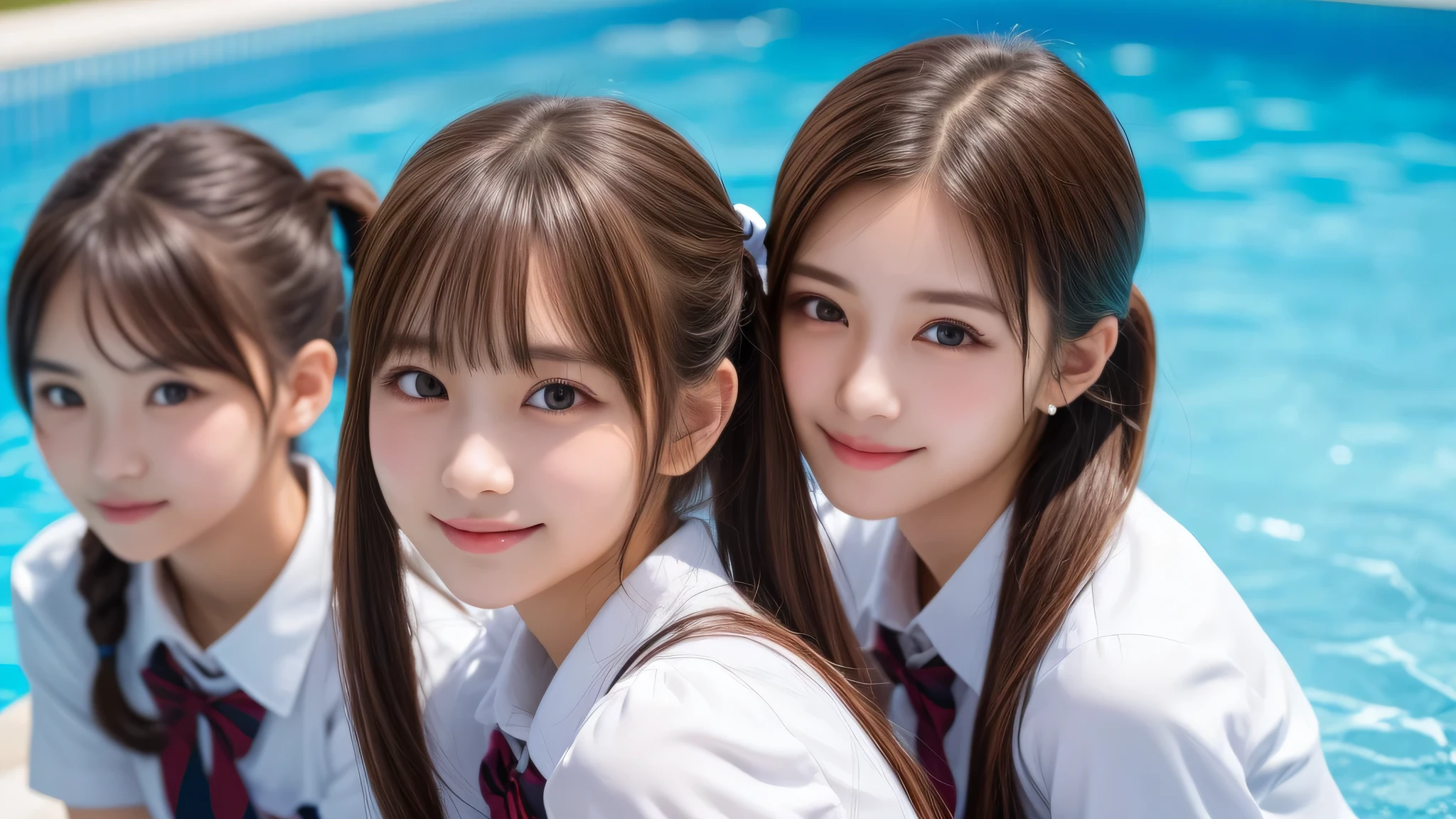 (3girl), enchanting smile, (extremely detailed beautiful face), (highly detailed eyes, highly detailed face), (twintails), (high school uniform), Fresh, very clean appearance, (best Quality:1.4), (hyper-realistic, hight resolution), Professional Photography, standing, Outdoors, Close up portrait of girl, staring at me, into the pool, (Fine face:1.2),