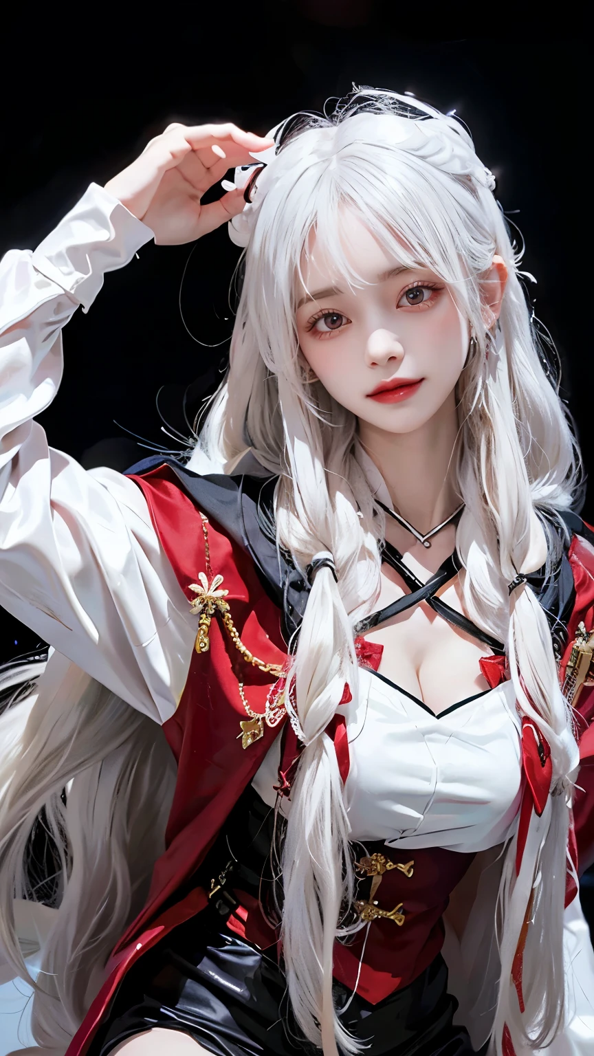 Long white hair - Red eyes - Black hair accessory - Hoodie - Elegant - Mysterious - Minimal exposure - Modest - Unique - Smile - Charm - Presence