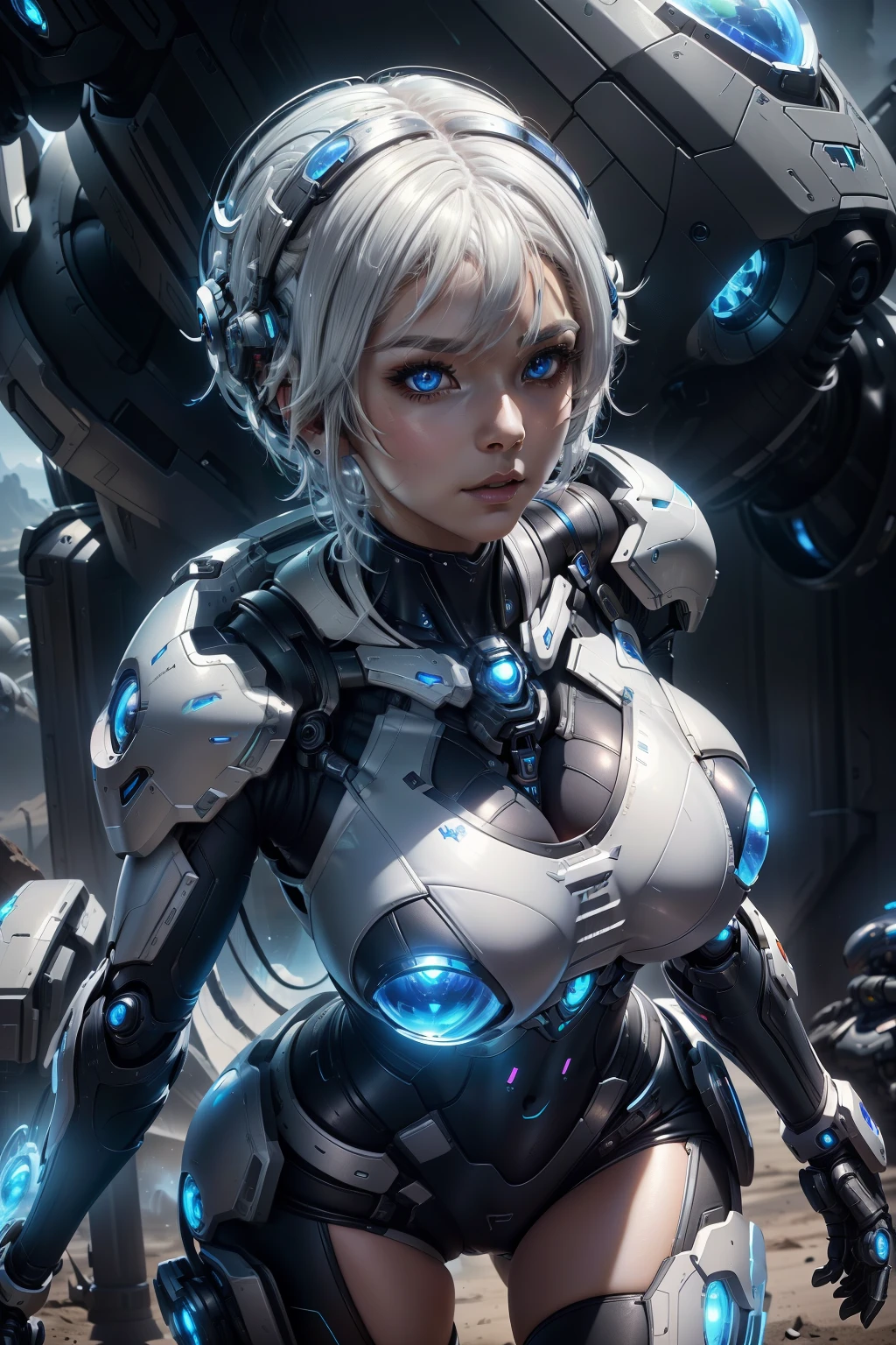 (best quality, 8k, masterpiece: 1.2), ultra detailed, (ultra realistic, photorealistic: 1.37),1 girl (((Short White Hair))) extremely detailed face, beautiful eyes ultra 4k very sexy detailed big breasts Soldier using a ((gun)) in the background, Girl in White Mech, Cyberpunk anime mecha girl, Wearing sci-fi military armor, Beautiful black cyborg girl, Cyborg - Silver girl, Fira black mech, Echo the Overwatch, Perfect female cyborg anime, Blue pupils, Five fingers, Camp inspired by the CGhSociety (((in a battle, alien planet, Alien battle,)))