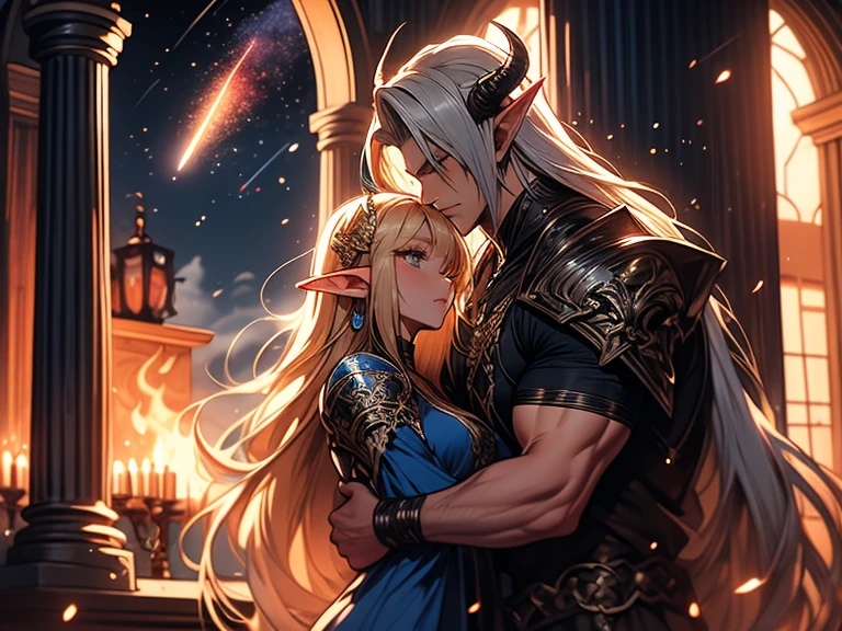 a tall male elf with huge muscles demon horns and dark blue long hair wearing armor hugging a female blonde elf in a medieval room near a pillar, dangerous huge burning comet falling down outside from the sky, dark sky, dangerous athmosphere, lovers